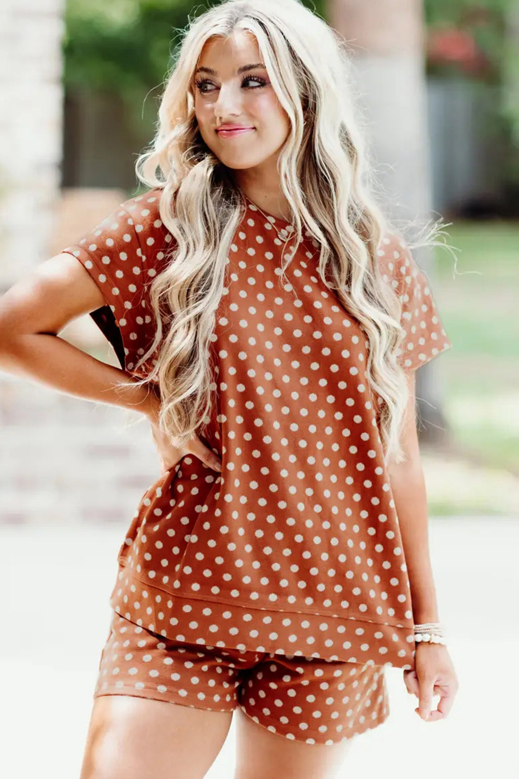 Brown Polka Dot Print Short Set
