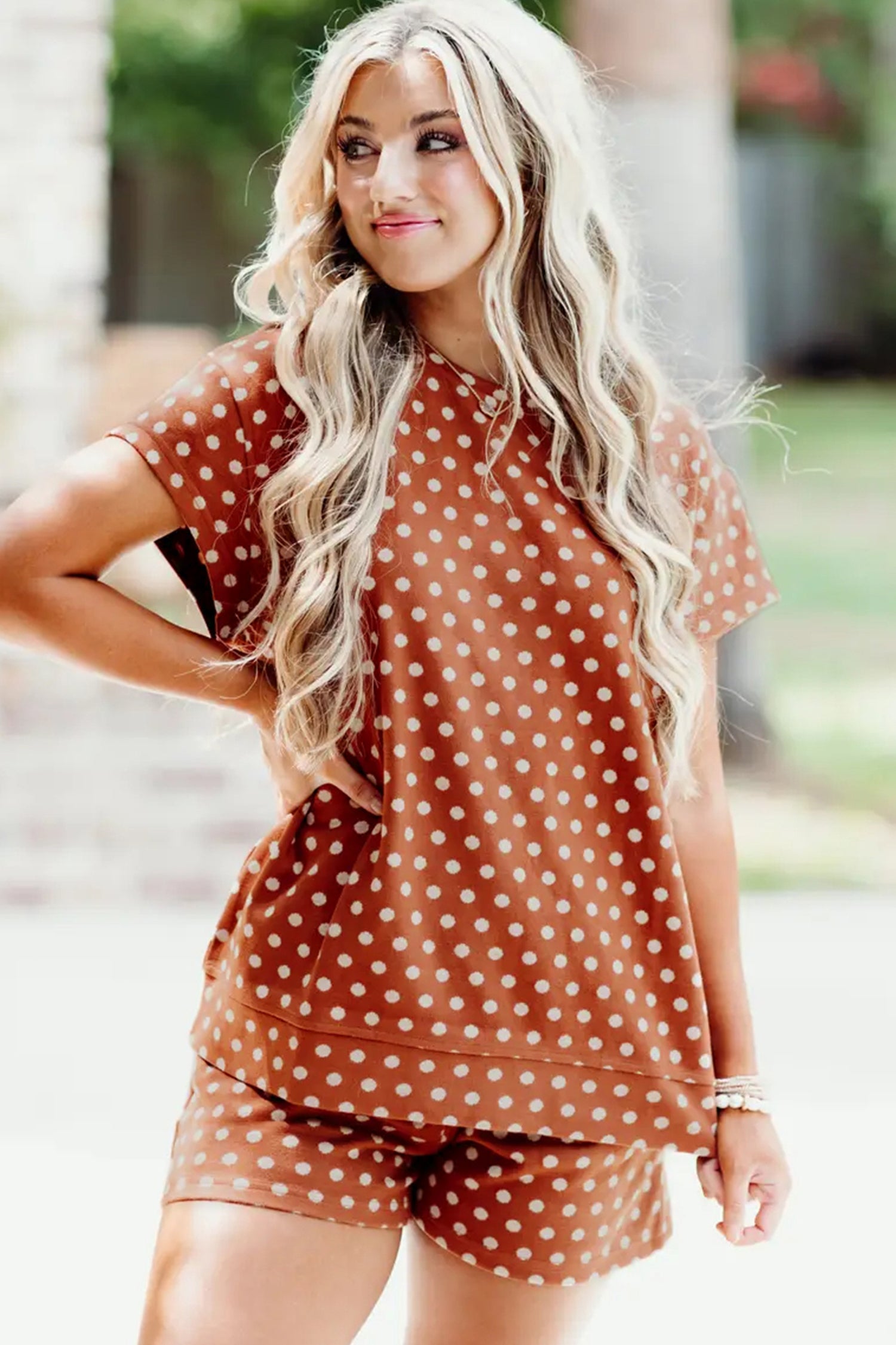 Brown Polka Dot Print Short Set