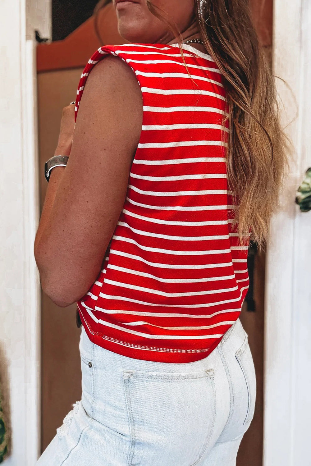 Red Stripe Ribbed Round Neck Trim Loose Tank Top