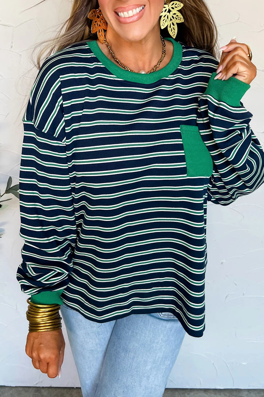 Green Stripe Ribbed Color Block Patchwork Crew Neck Patch Pocket Long Sleeve Top
