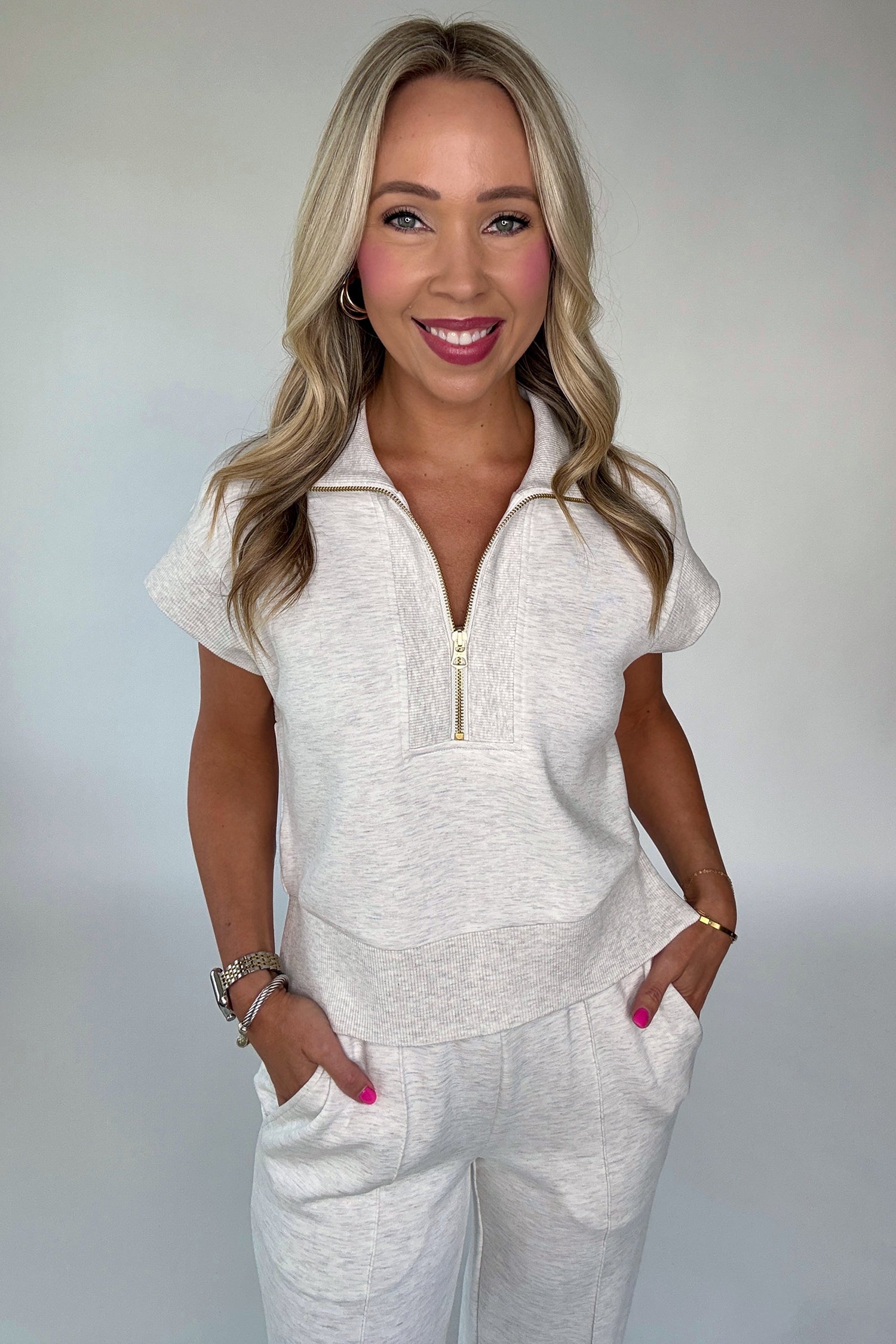 Light Grey Half Zip Polo Tee Casual Pant Set