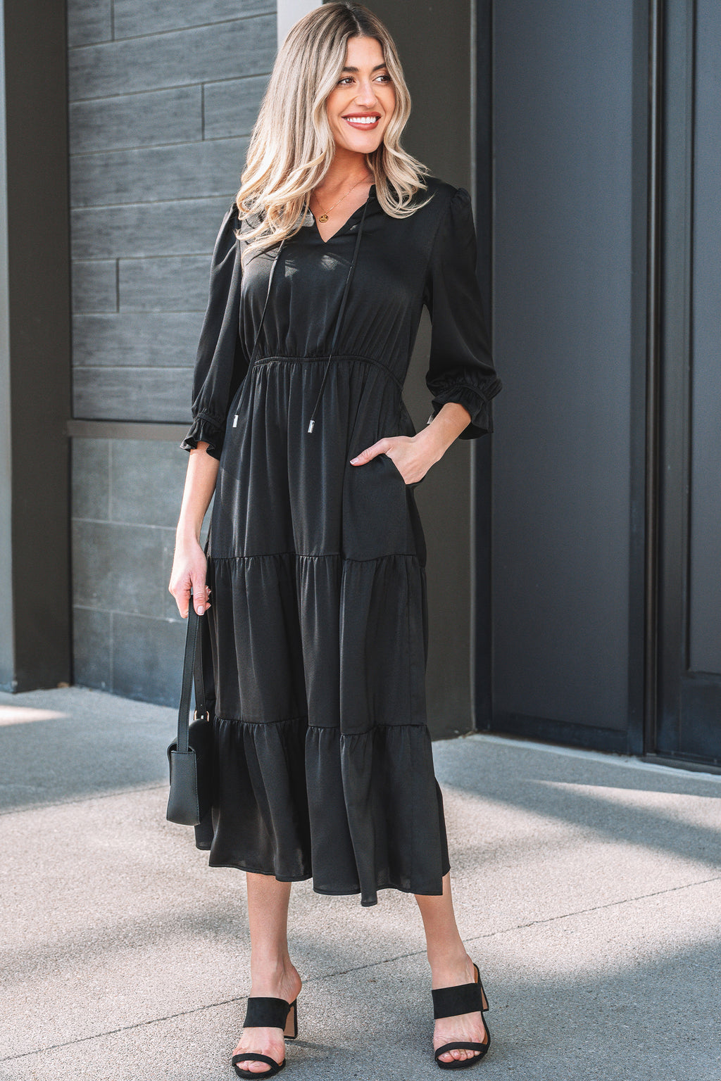Black Flounced Bracelet Sleeve V Neck Tiered Maxi Dress
