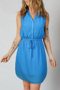 Blue Half Buttons Collared Elastic Waist Sleeveless Shirt Dress