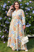 Khaki Floral Print 3/4 Sleeves Tiered Plus Size Long Dress