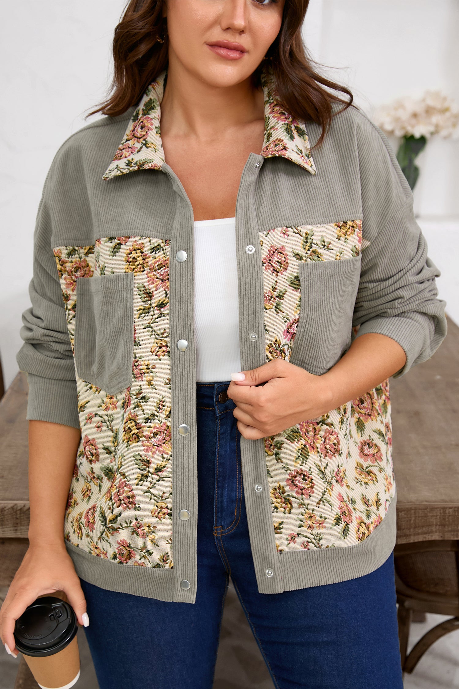 Medium Grey Corduroy Floral Patchwork Vintage Jacket