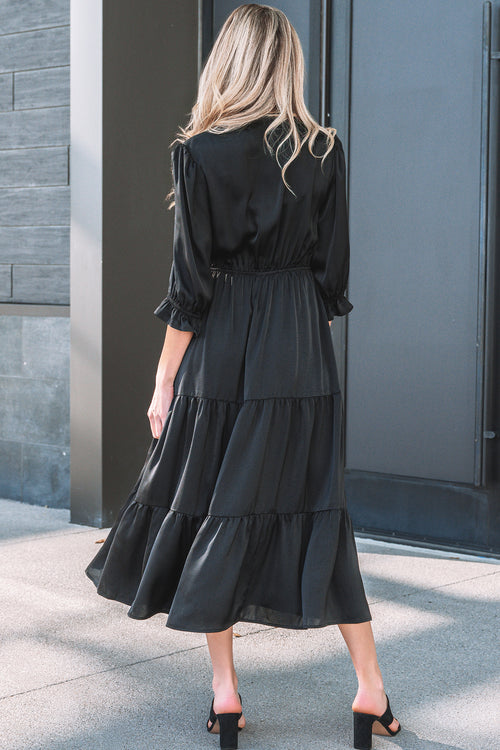 Black Flounced Bracelet Sleeve V Neck Tiered Maxi Dress