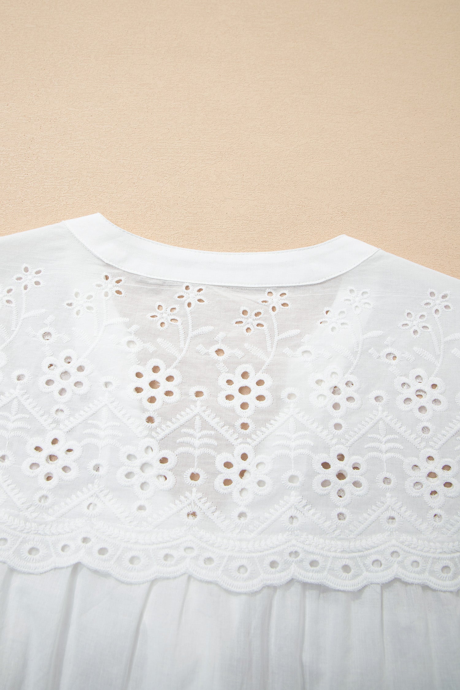 White Flower Eyelet Embroidered Patchwork Sheer Short Sleeve Shirt