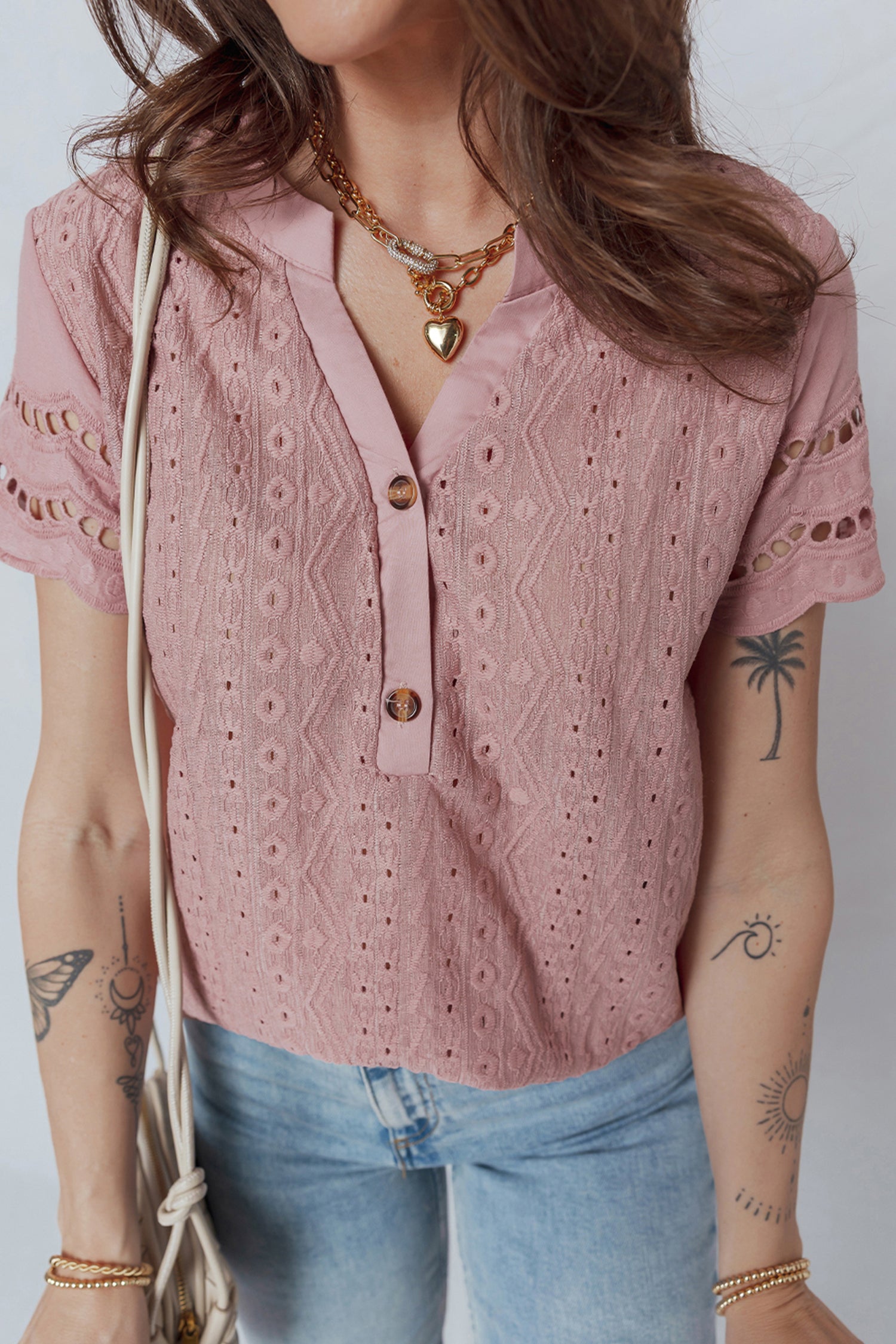Fushia Textured Embroidered Half Buttons Short Sleeve Blouse
