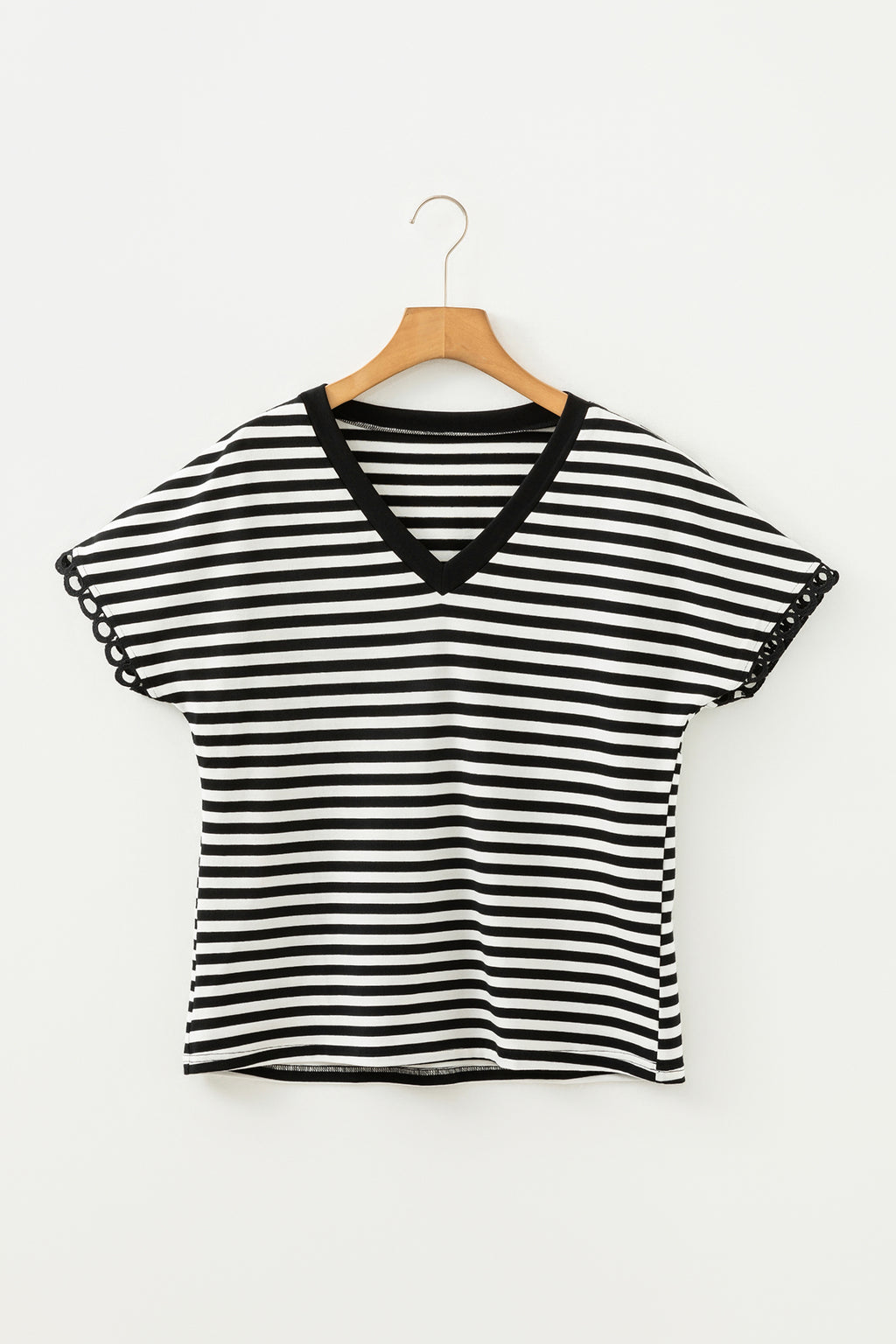 Black Striped Print V Neck Delicate Trim Casual Tee