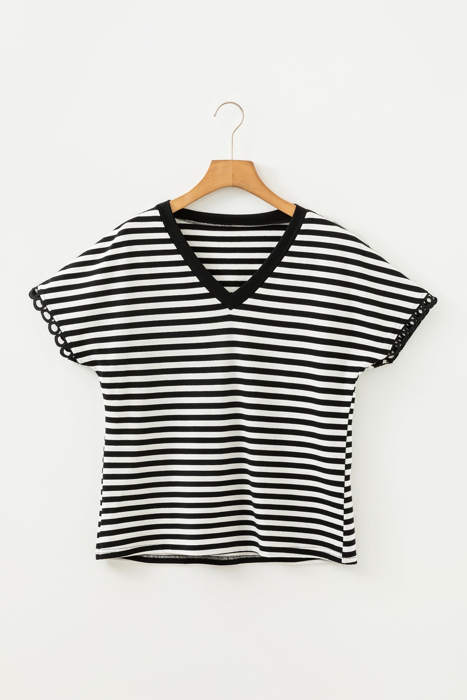 Black Striped Print V Neck Delicate Trim Casual Tee