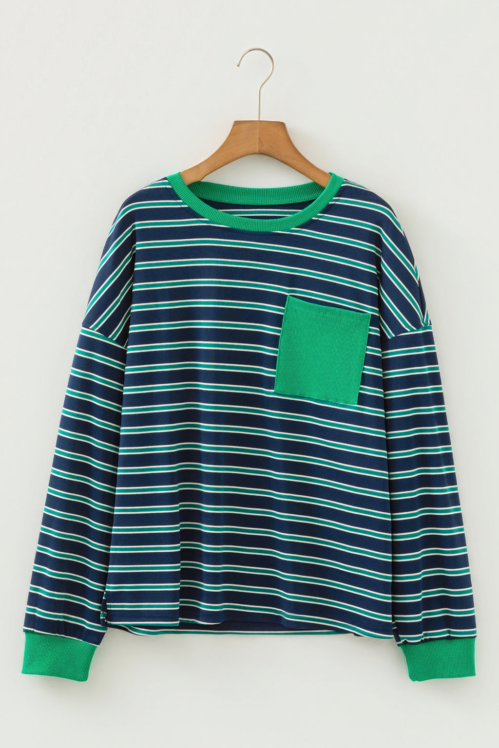 Green Stripe Ribbed Color Block Patchwork Crew Neck Patch Pocket Long Sleeve Top