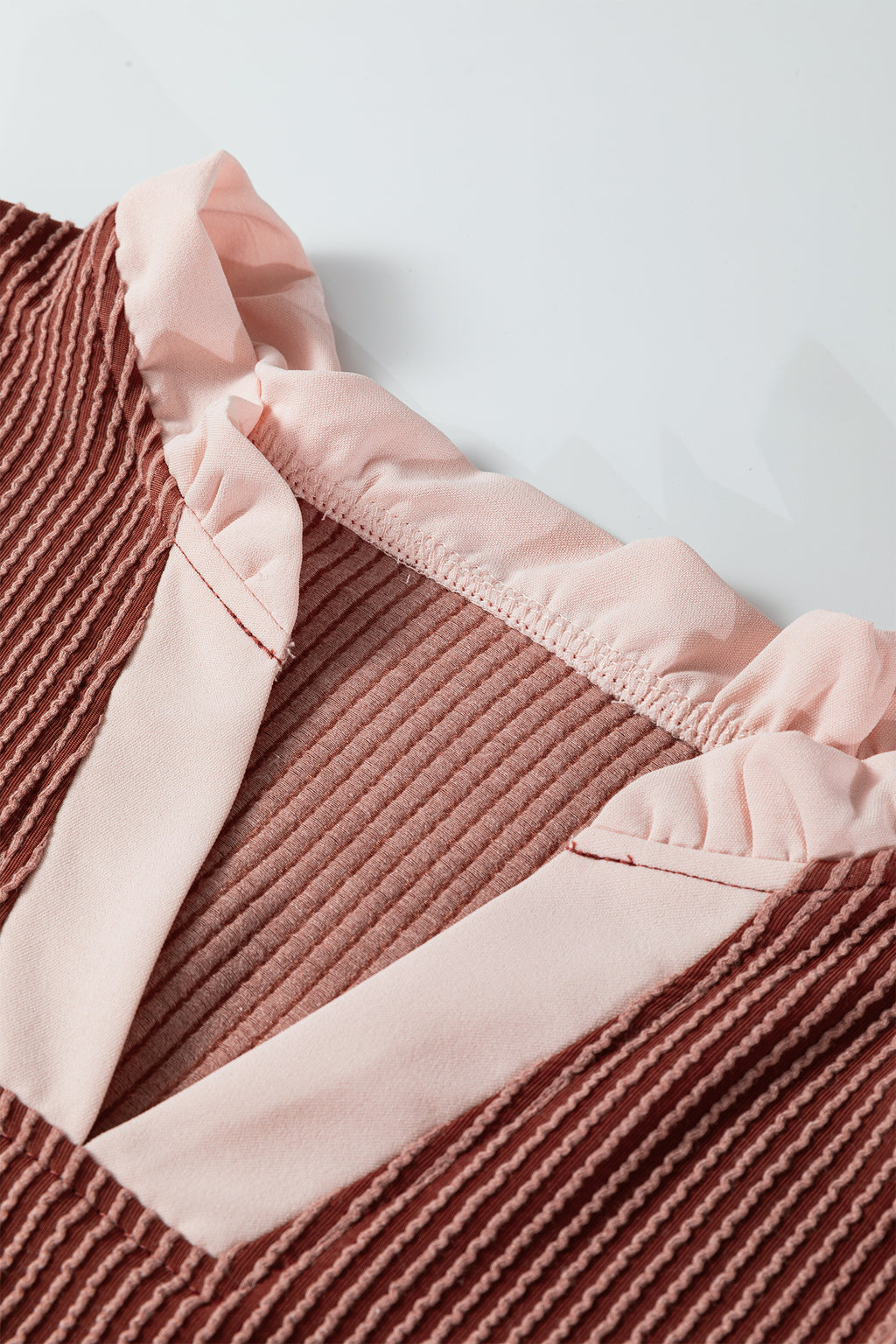 Rose Pink Plus Size Contrast Frilled Neckline Ruffled Short Sleeve Ribbed Textured Blouse
