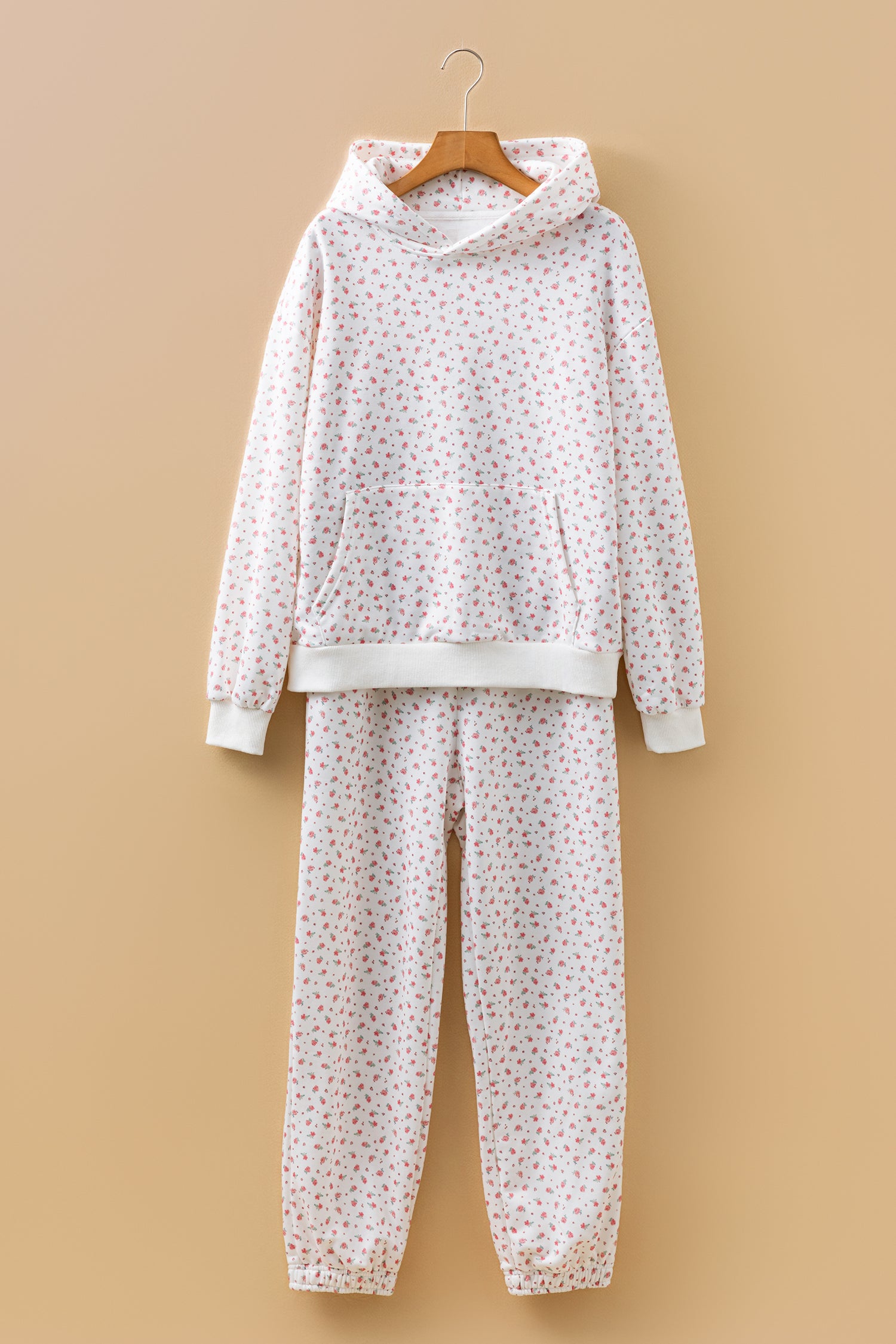 Pink Floral Print Kangaroo Pocket Hoodie Sheath Sweatpants Set