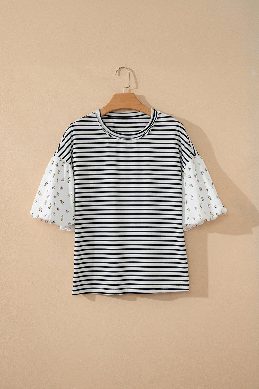 Black Stripe Floral Puff Sleeve Patchwork Round Neck Loose Top