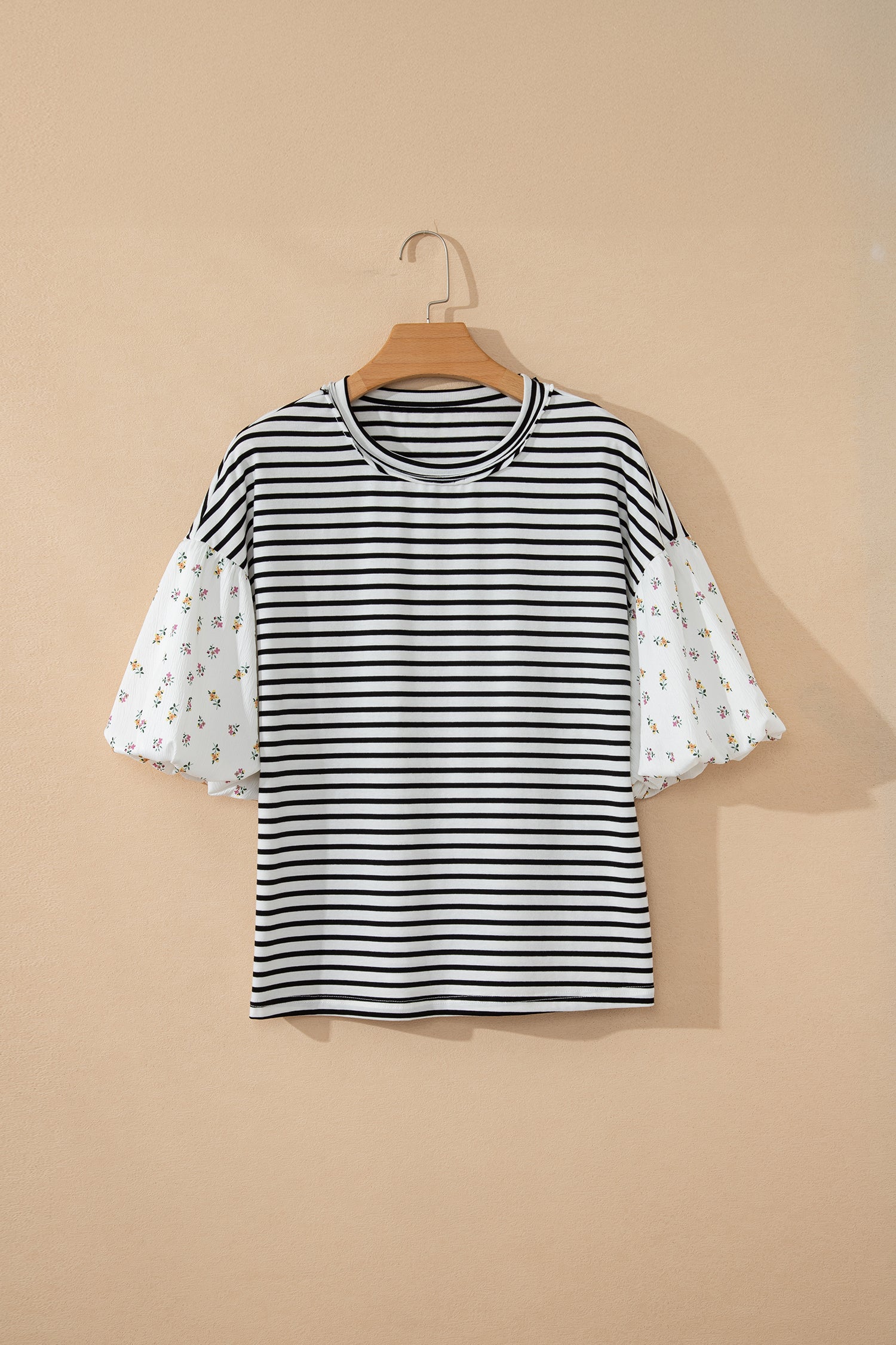 Black Stripe Floral Puff Sleeve Patchwork Round Neck Loose Top