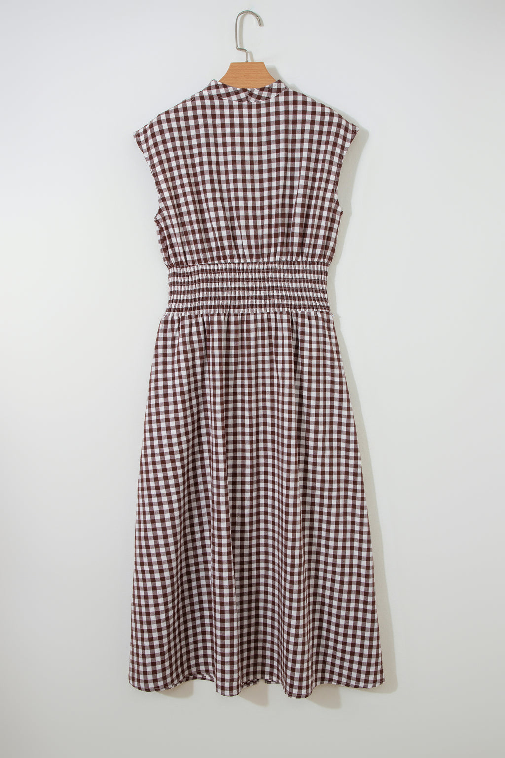 Coffee Plaid Print Full Zipper Cinched Waist Fit Flare Sleeveless Maxi Dress