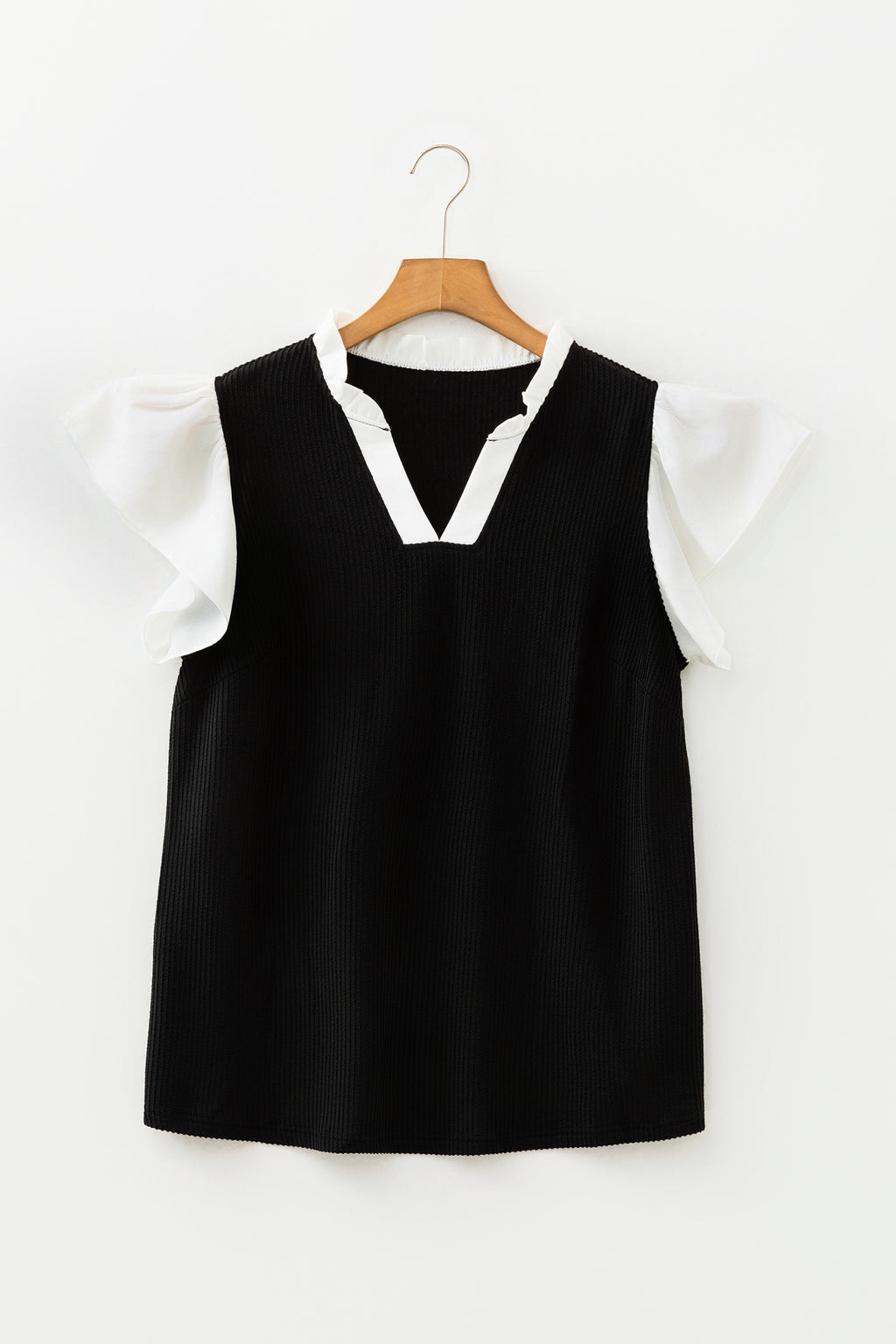 Black Plus Size Contrast Frilled Neckline Ruffled Short Sleeve Ribbed Textured Blouse