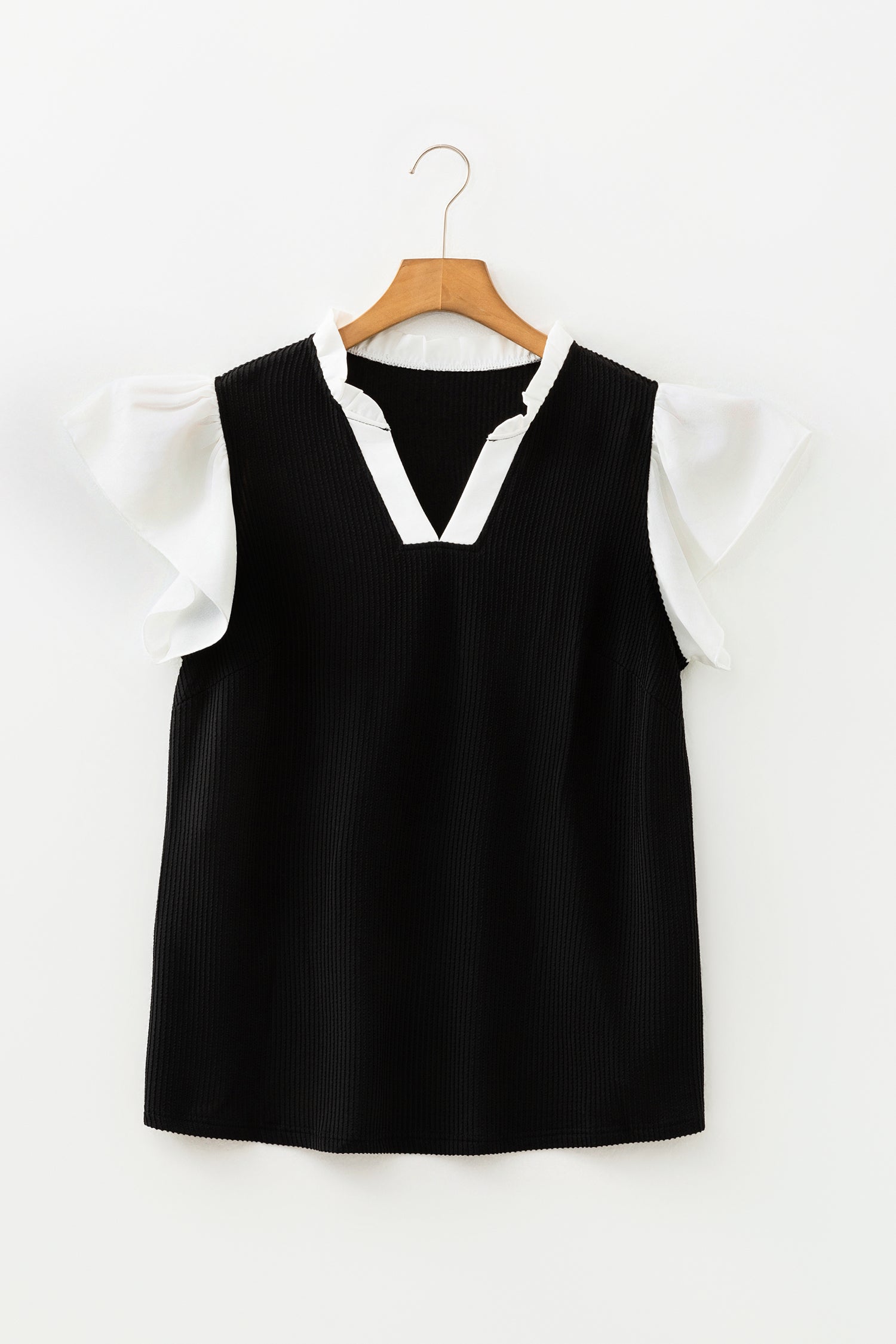 Black Plus Size Contrast Frilled Neckline Ruffled Short Sleeve Ribbed Textured Blouse