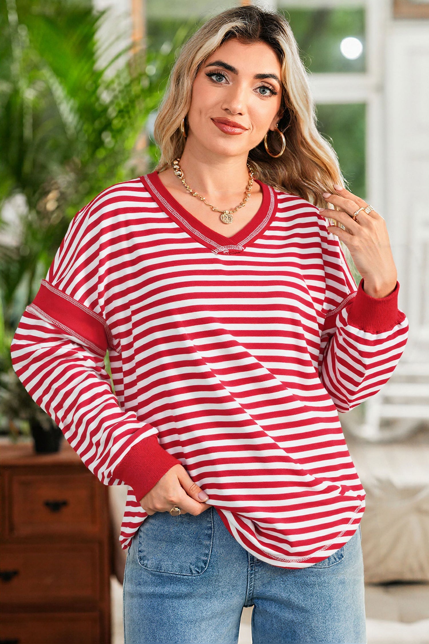 Red Stripe Exposed Seam V Neck Balloon Sleeve Pullover
