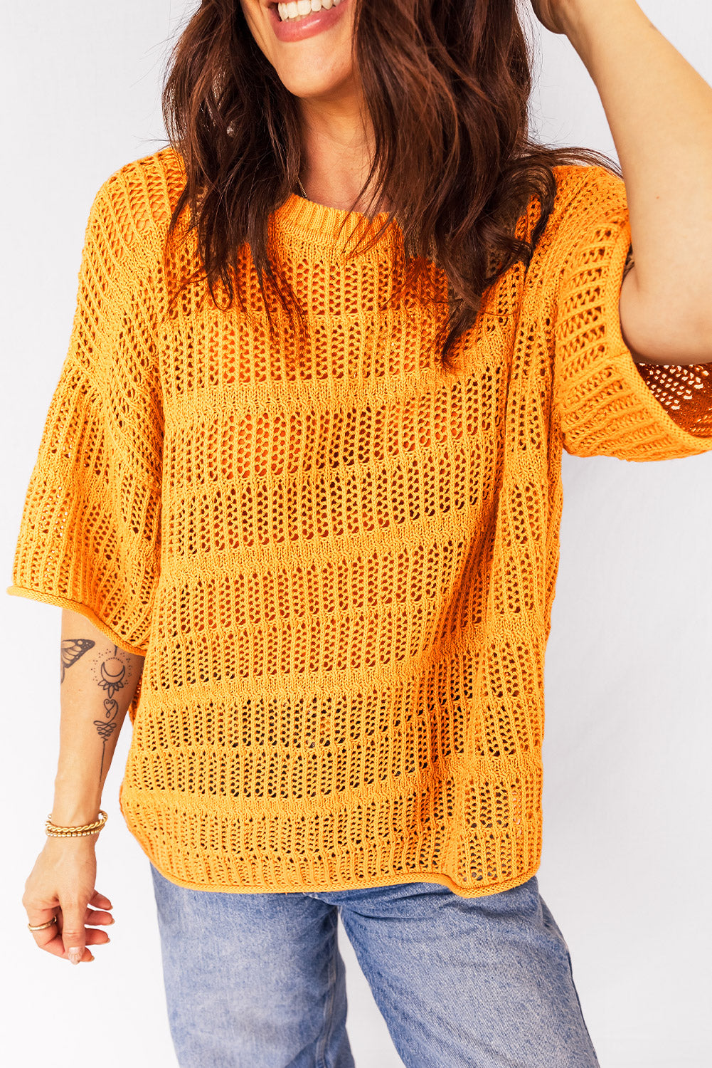 Mustard Hollow out Openwork Knit 3/4 Sleeve Sweater