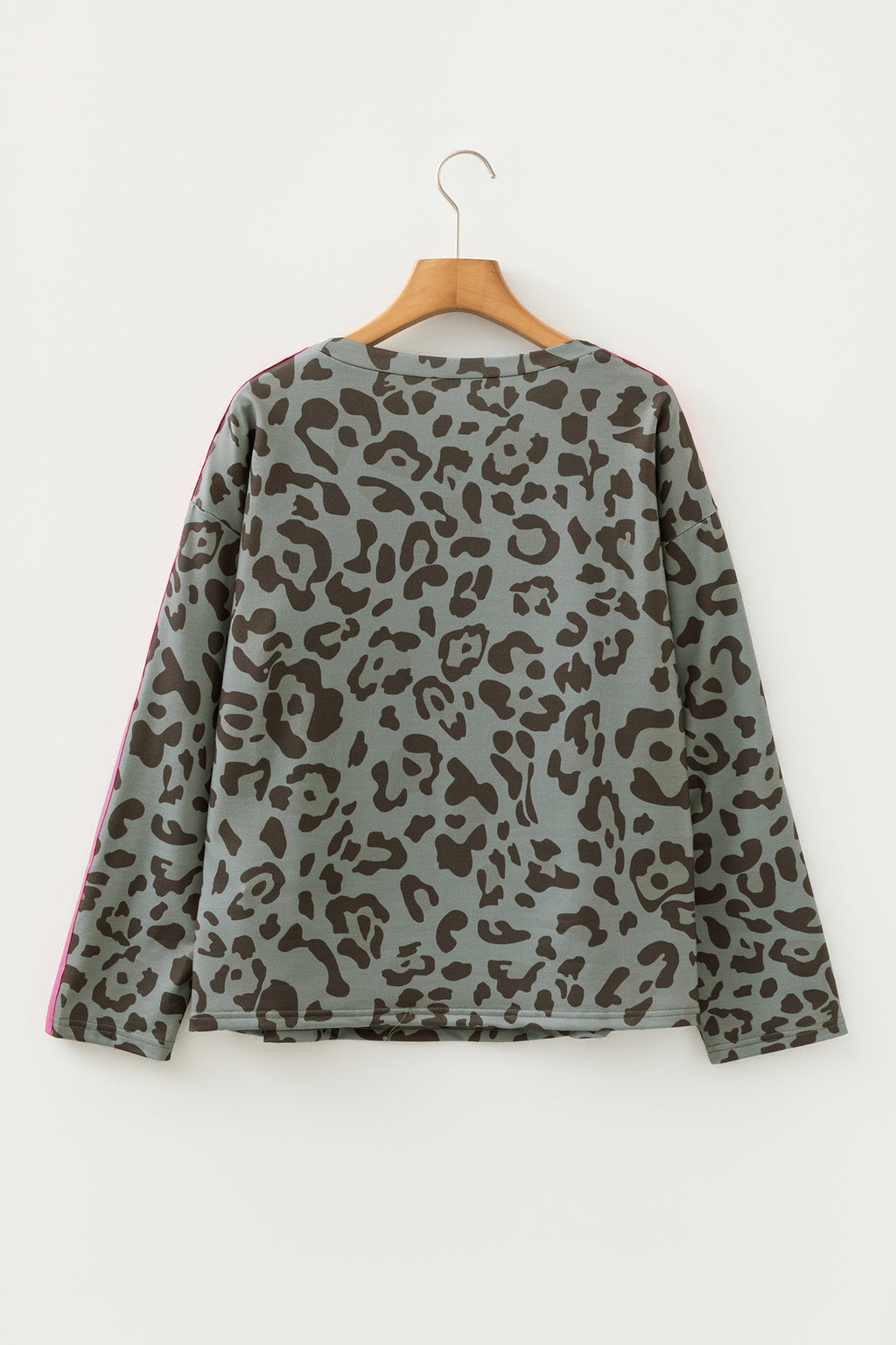 Green Leopard Print Varsity Striped Trim Long Sleeve Top