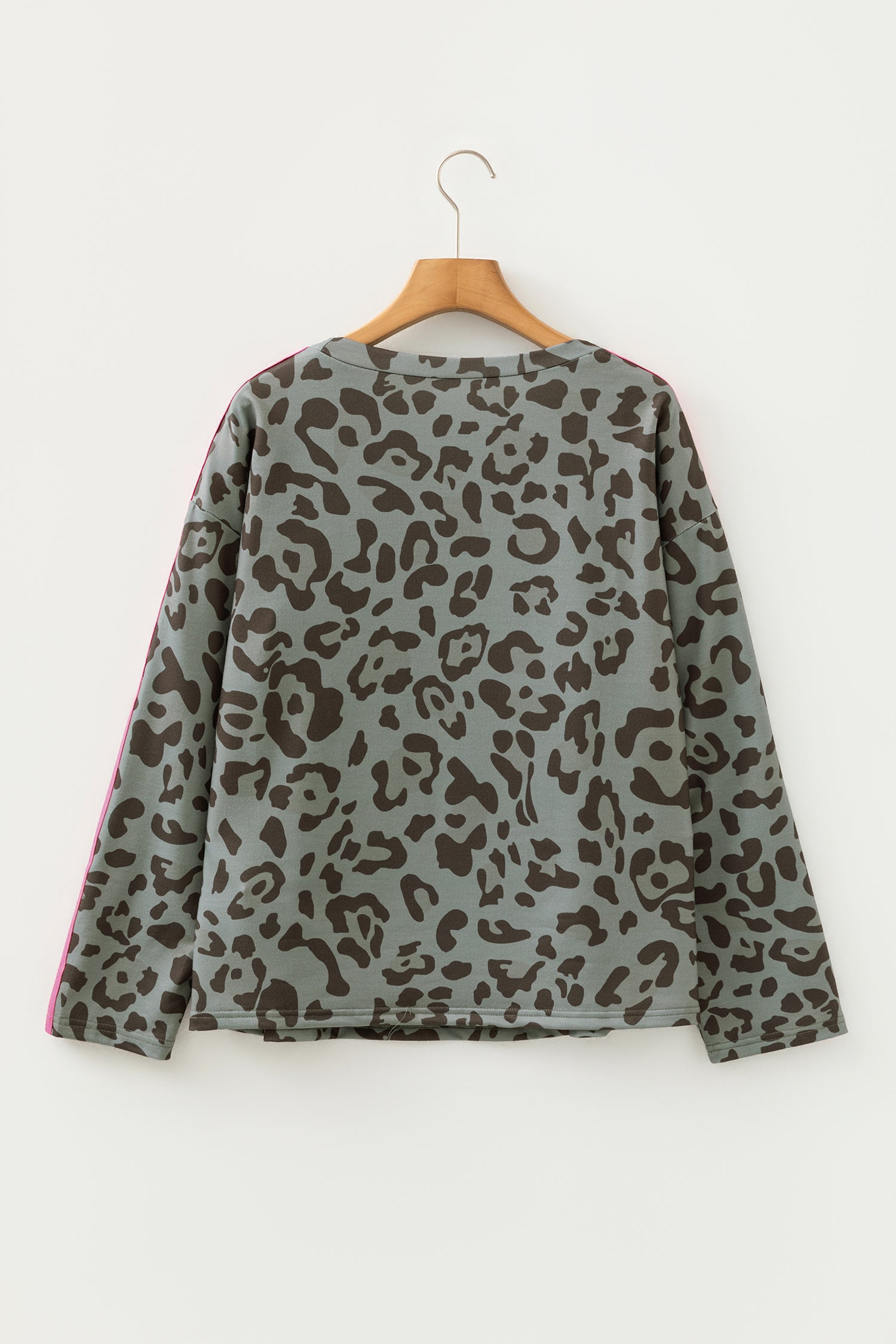 Green Leopard Print Varsity Striped Trim Long Sleeve Top