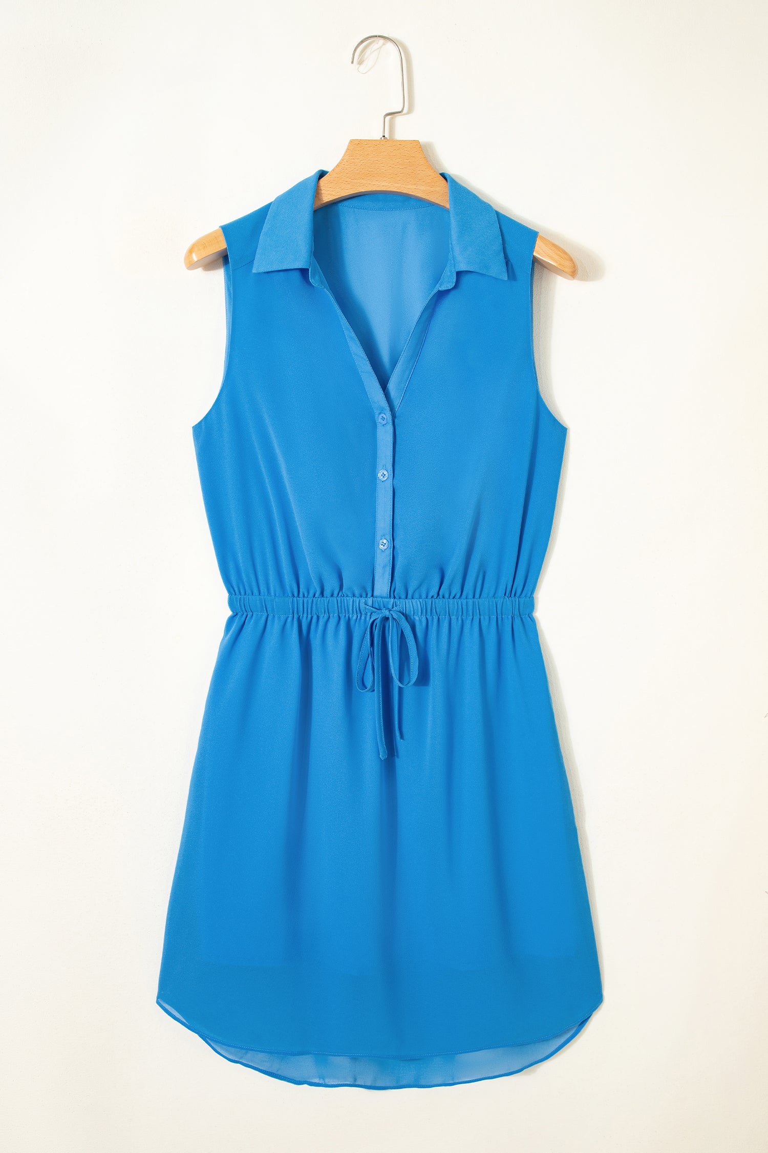 Blue Half Buttons Collared Elastic Waist Sleeveless Shirt Dress