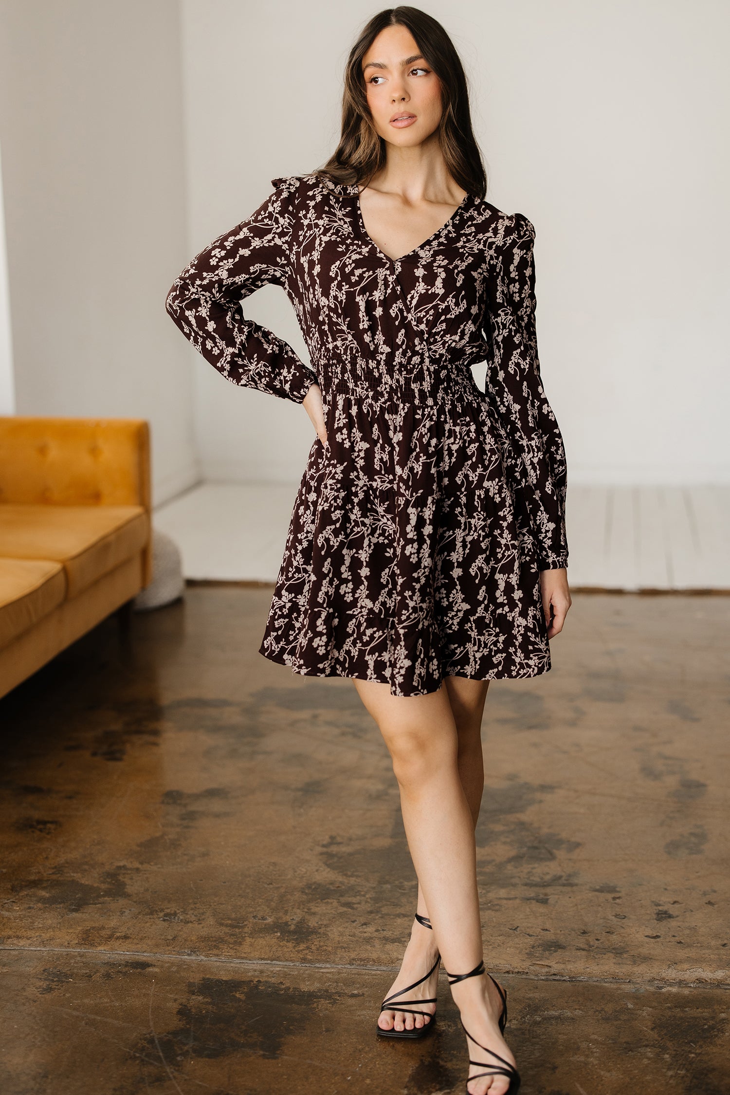 Brown Ditsy Floral Print Split Neck Long Sleeve Shirred Waist Flared Mini Dress