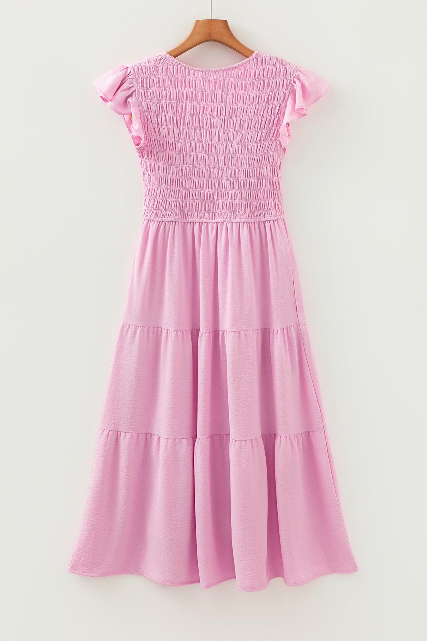 Pink Smocked Bodice Flutter Sleeve Fit Flare Tiered Midi Dress