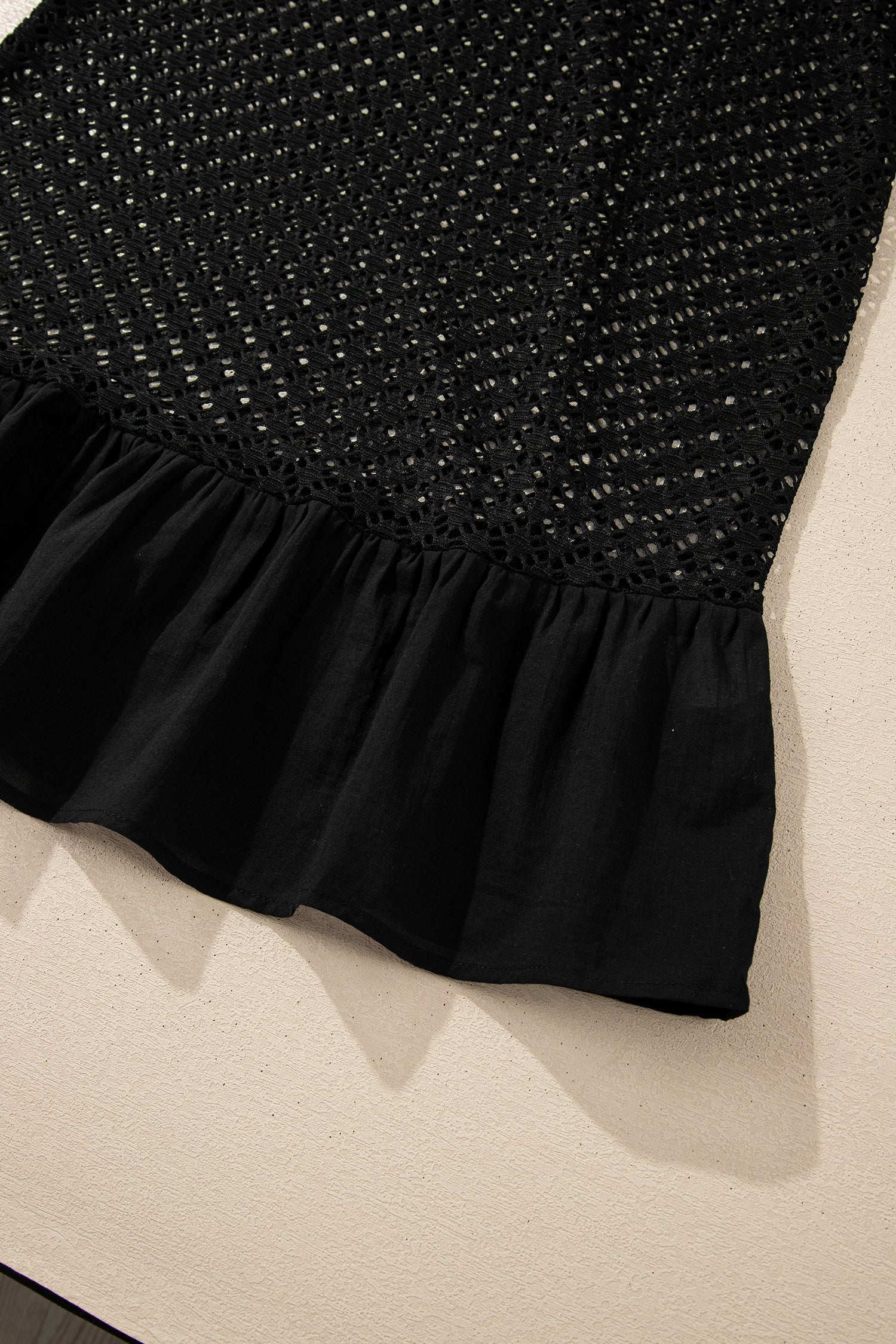 Black See Through Patterned Knit Ruffle Hem Patchwork Beach Cover Up