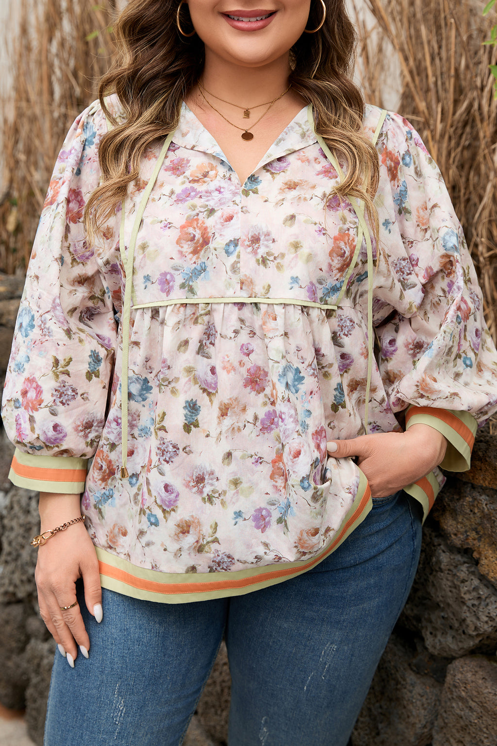 Black Plus Size Floral Print Contrast Trim Striped Detail Babydoll Blouse