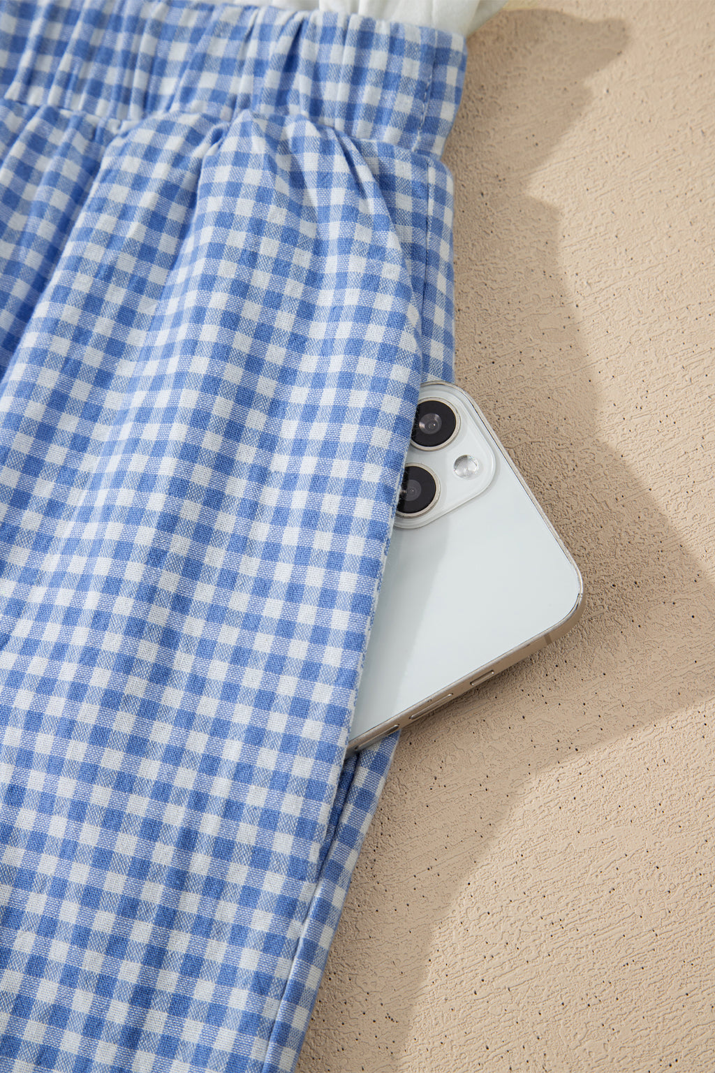 Sky Blue Contrast Trim Plaid Print Plus Size Shorts