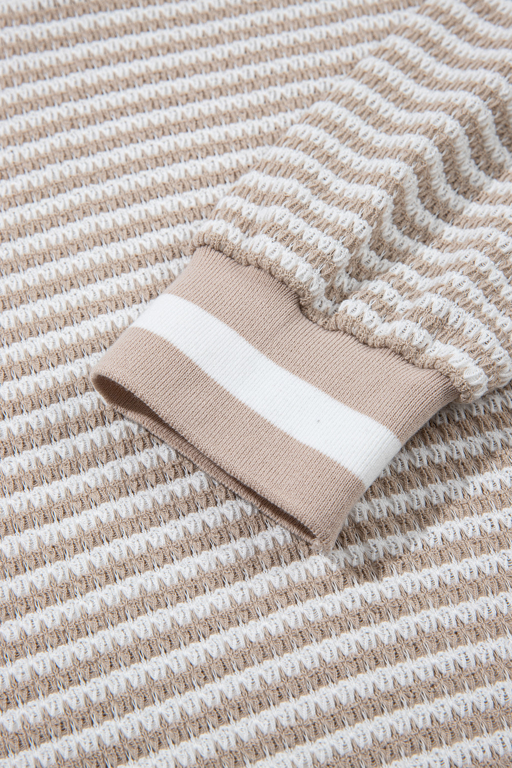 Beige Striped Textured Knit V Neck Casual Top