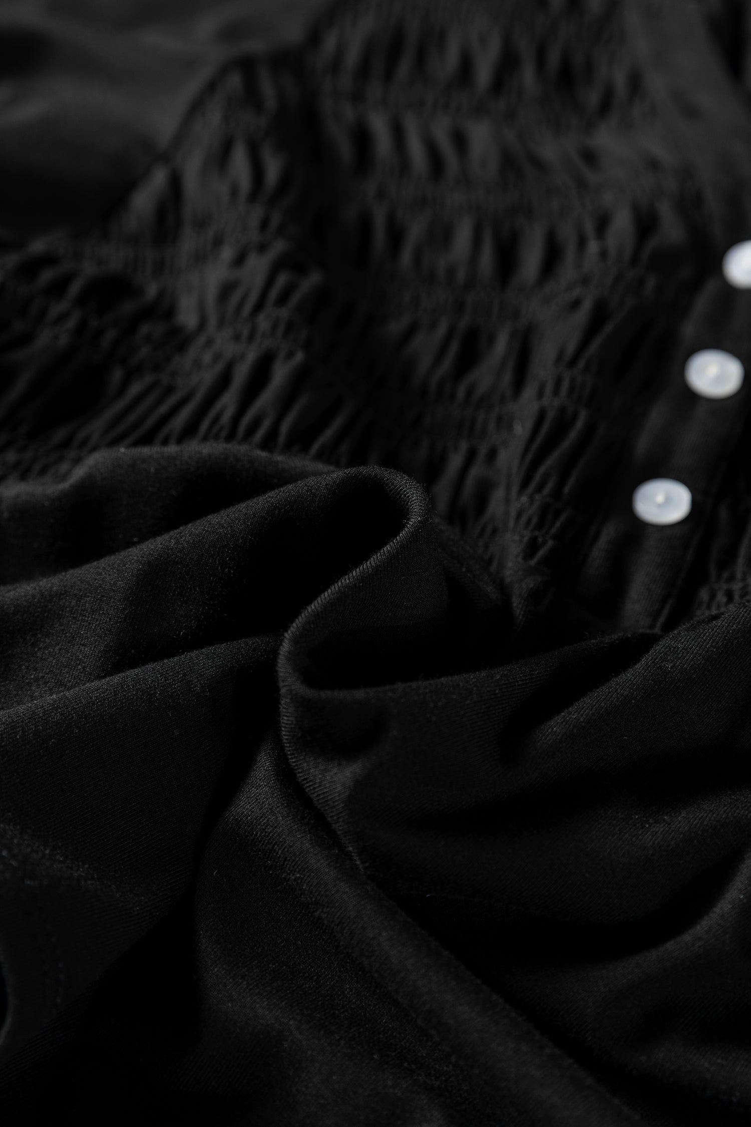 Black Smocked Bust Buttoned Split V Neck Flow Fit Blouse