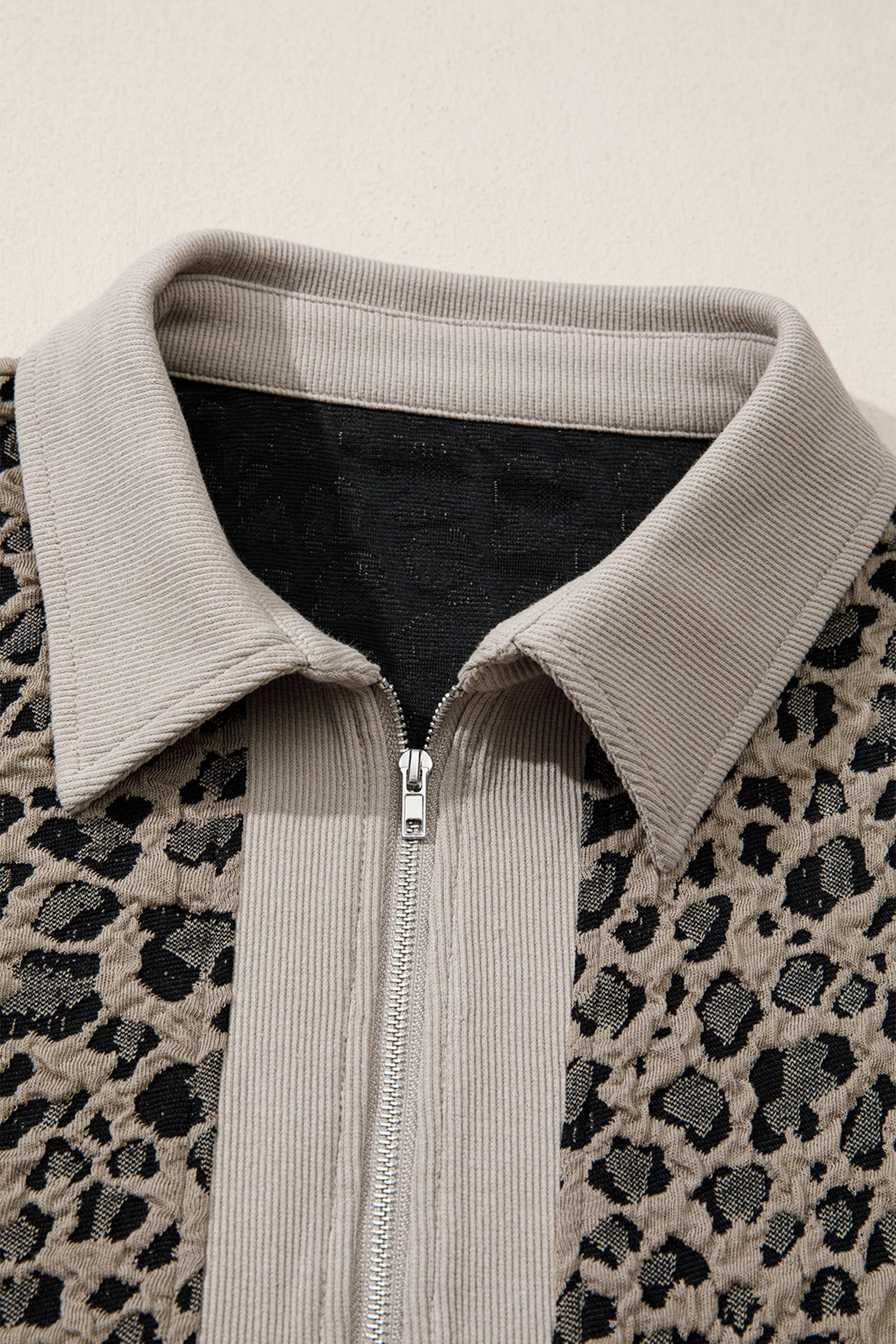 Beige Zip up Collared Leopard Cap Sleeve Top