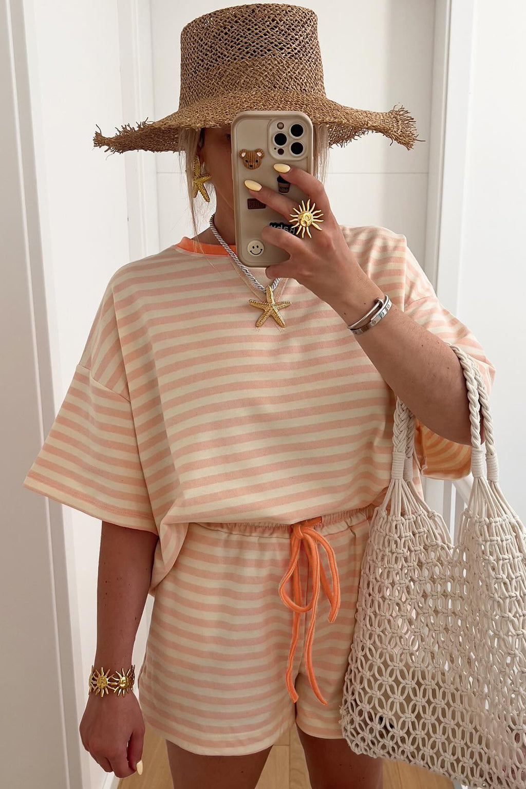 Pink Stripe Contrast Neck Loose Tee and Drawstring Shorts Set