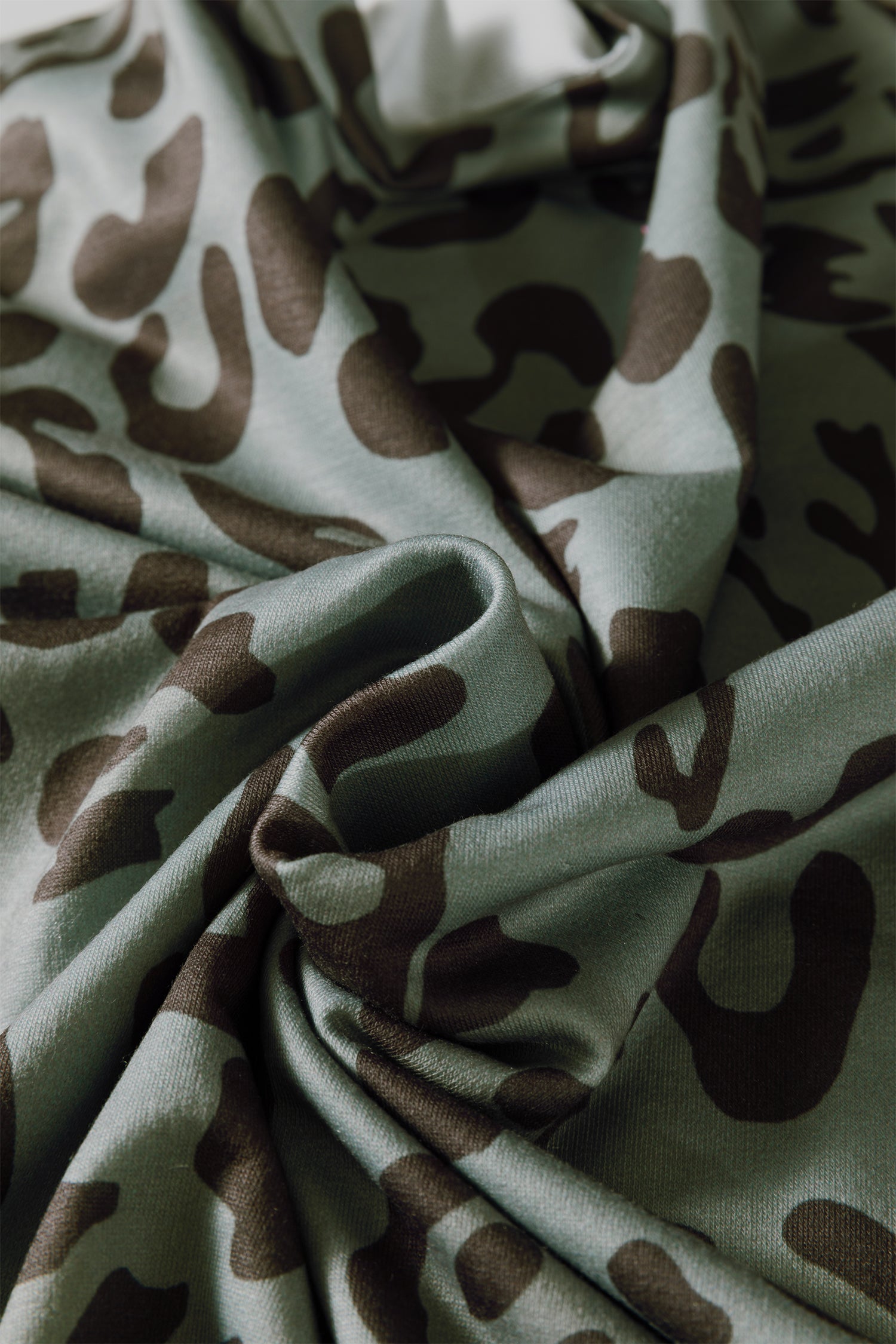 Green Leopard Print Varsity Striped Trim Long Sleeve Top