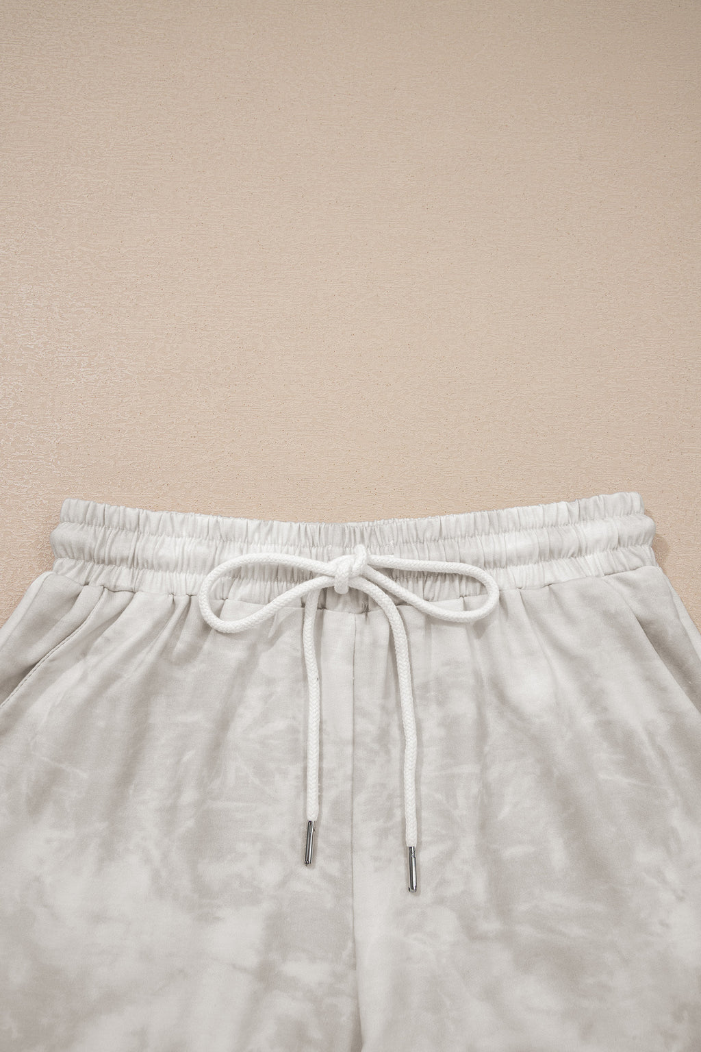 Beige Vintage Tie Dye Bracelet Sleeve Drawstring Elastic Waist 2pcs Short Set