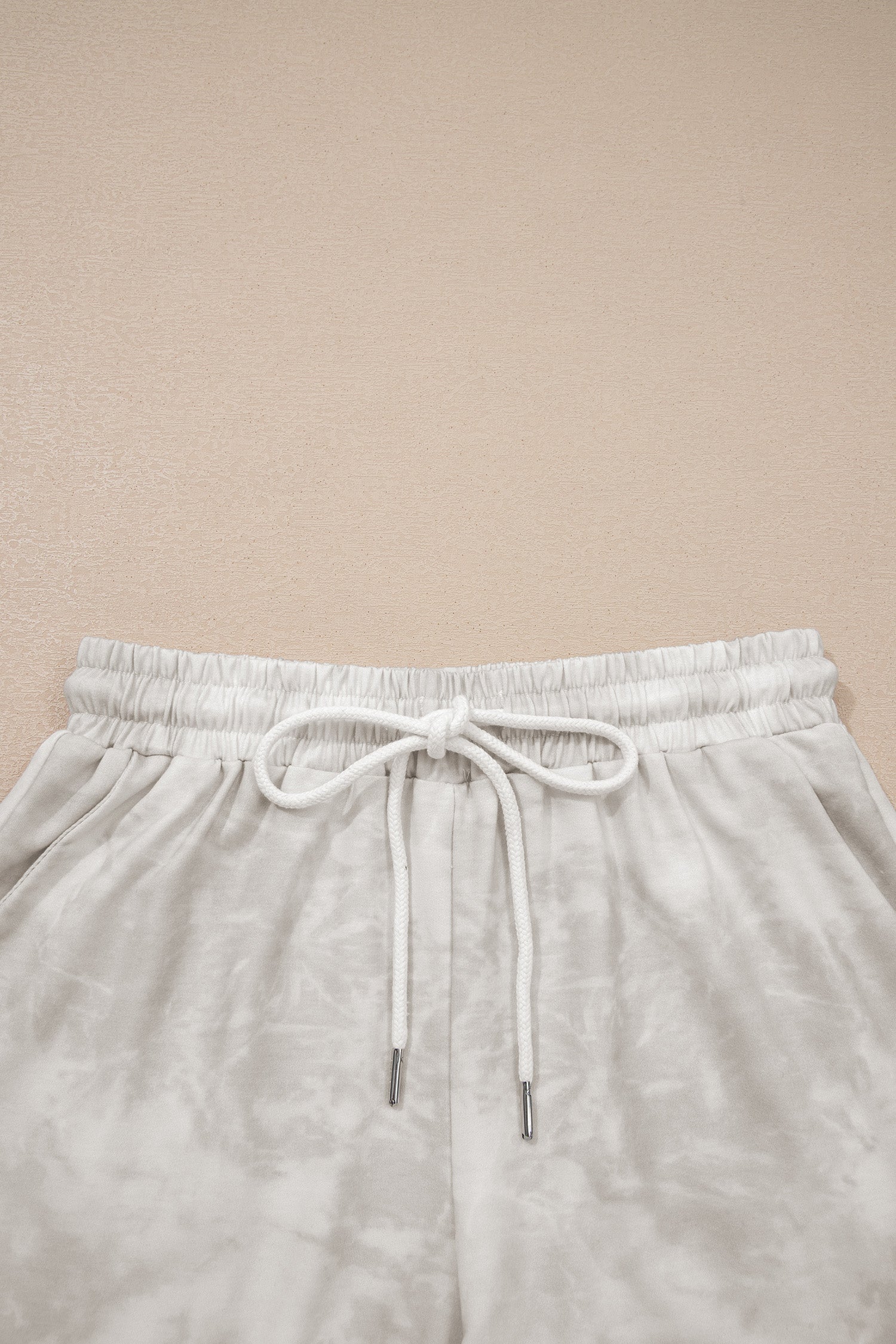 Beige Vintage Tie Dye Bracelet Sleeve Drawstring Elastic Waist 2pcs Short Set