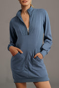 Ivy Zip up Collared Ribbed Patchwork Sweatshirt Dress with Pockets