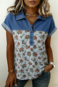 Gray Retro Floral Print Denim Patchwork Buttoned Polo Collar Top