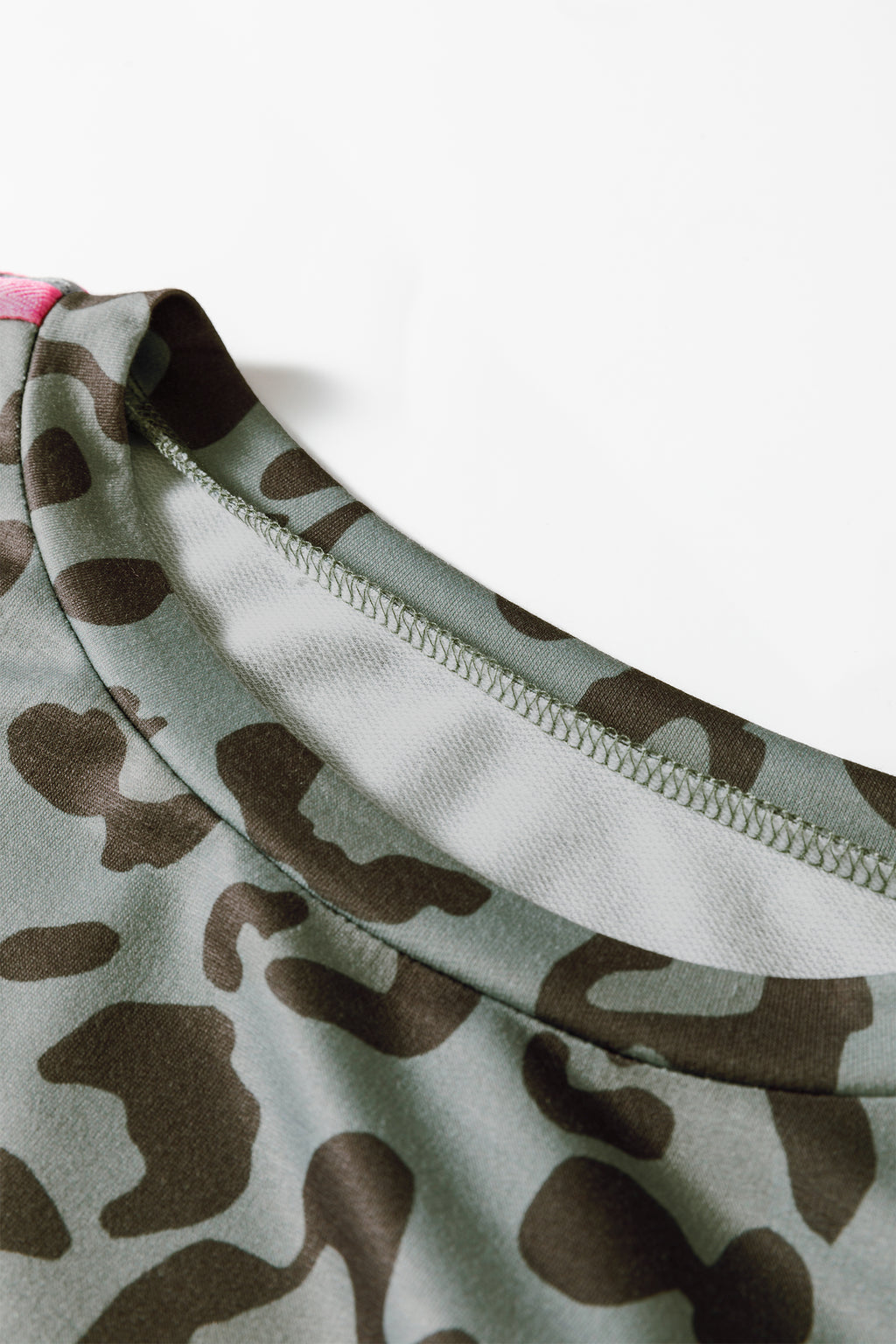 Green Leopard Print Varsity Striped Trim Long Sleeve Top