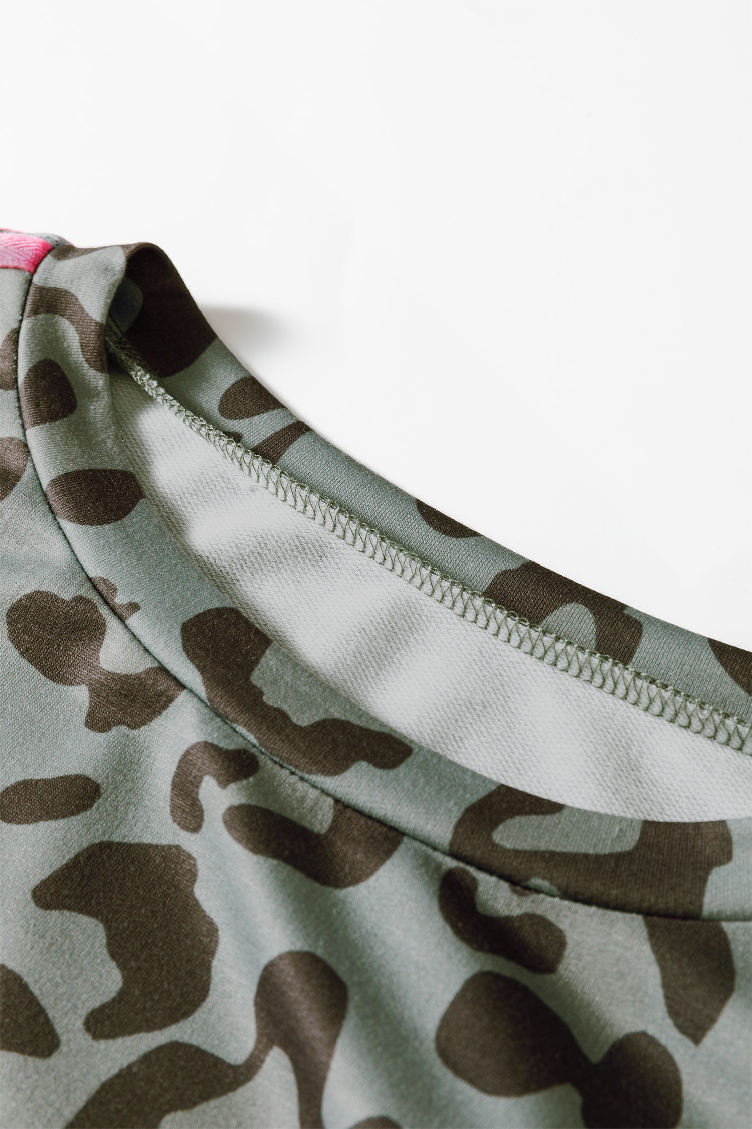 Green Leopard Print Varsity Striped Trim Long Sleeve Top