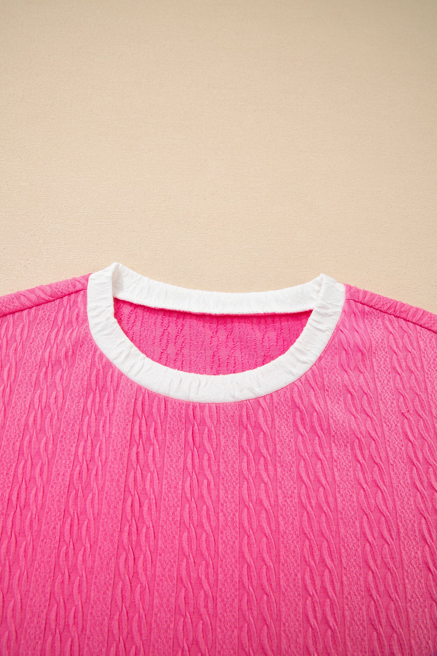 Bright Pink Textured Color Block Trim Loose Tee Drawstring Shorts 2pcs Set