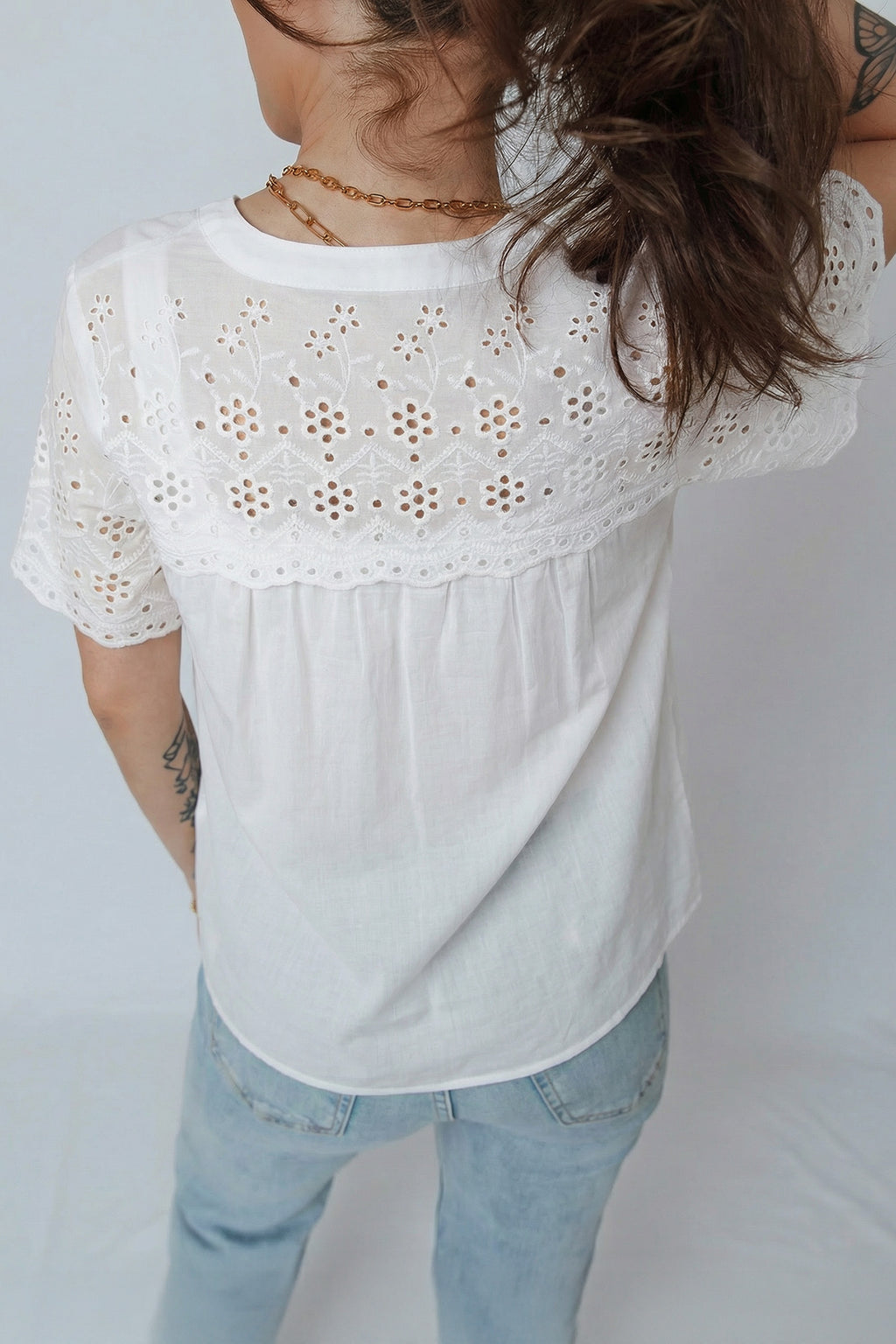 White Flower Eyelet Embroidered Patchwork Sheer Short Sleeve Shirt