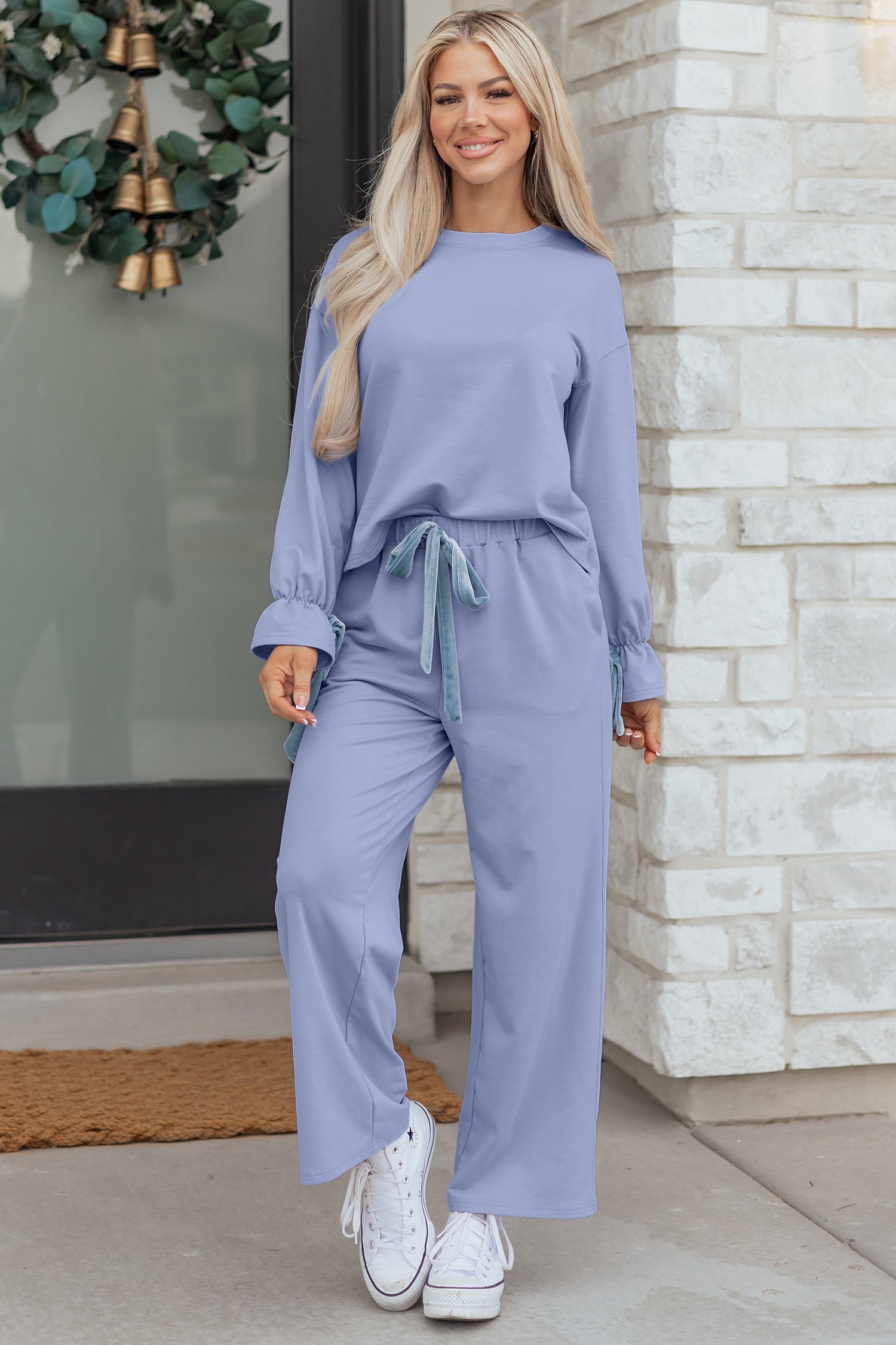 Beau Blue Flounce Long Sleeve Top Drawstring Pants Contrast Velvet Bow Knot 2pcs Lounge Set