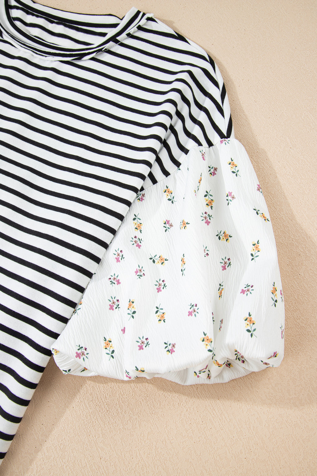 Black Stripe Floral Puff Sleeve Patchwork Round Neck Loose Top