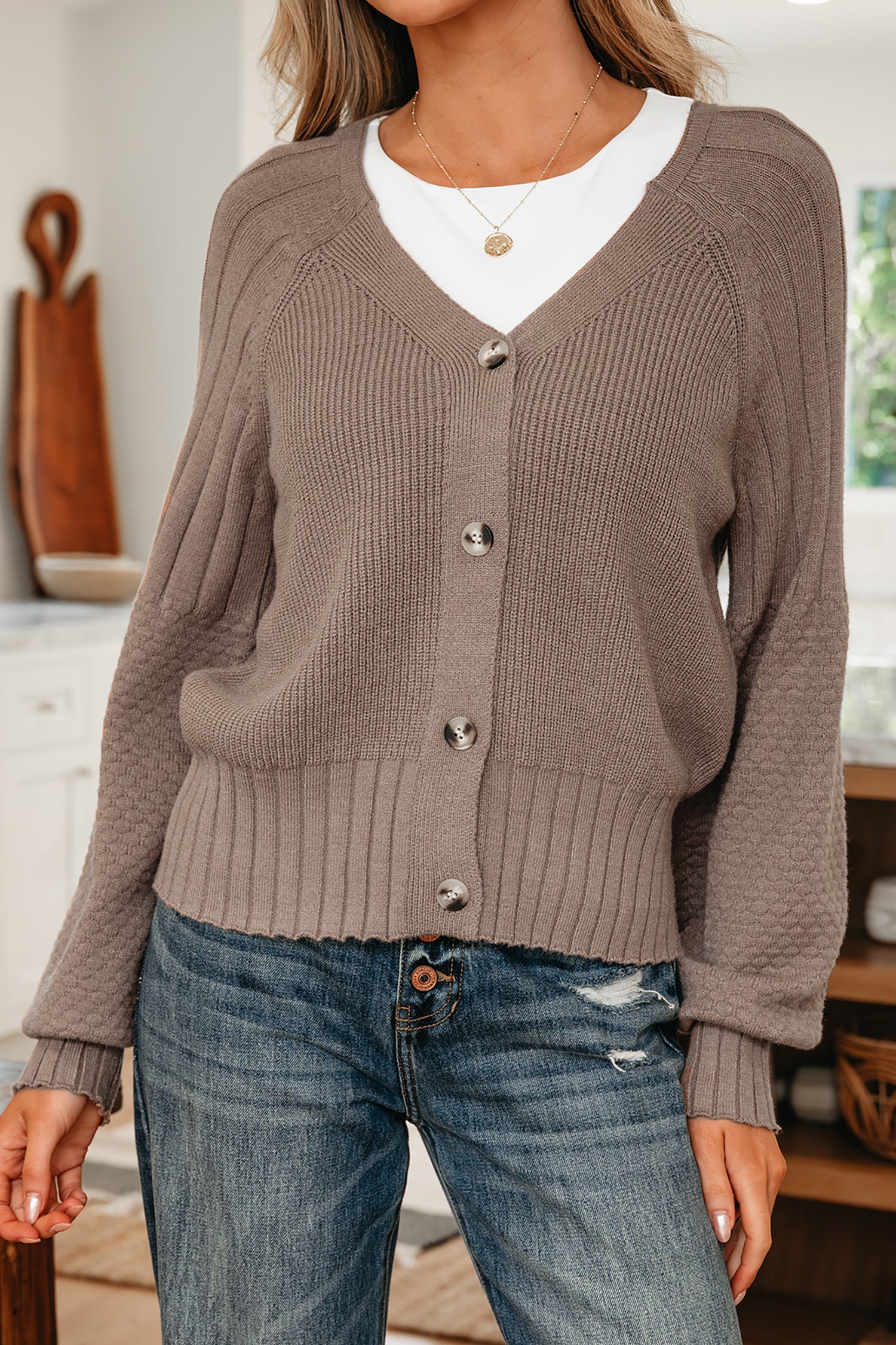 Goat Mixed Texture Knit Button V Neck Sweater Cardigan