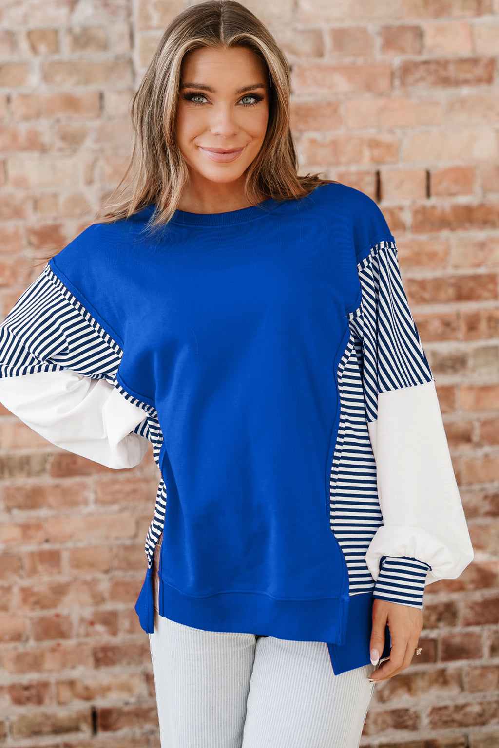 Dark Blue Striped Patchwork Sleeve Colorblock Sweatshirt