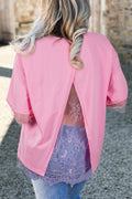 Pink Eyelash Floral Lace Patchwork Half Sleeve Oversize Tee